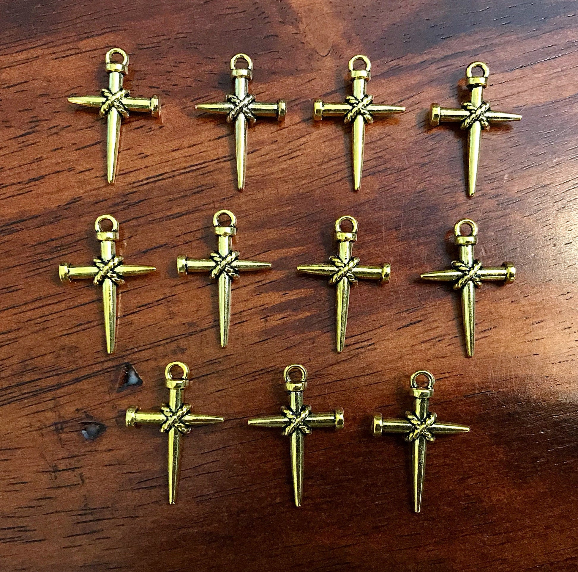 25pcs, Gold Cross Charms, Antique Gold Charms, Nailed Cross Charms, Gold Crucifix Charms, Double Sided Cross, Findings, Jewelry Supplies