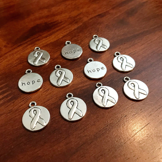 20 Hope Ribbon Charms, Antique Silver Charms, Cancer Awareness Charms, Hope Charms, Ribbon Charms, Round Hope Pendants, Findings