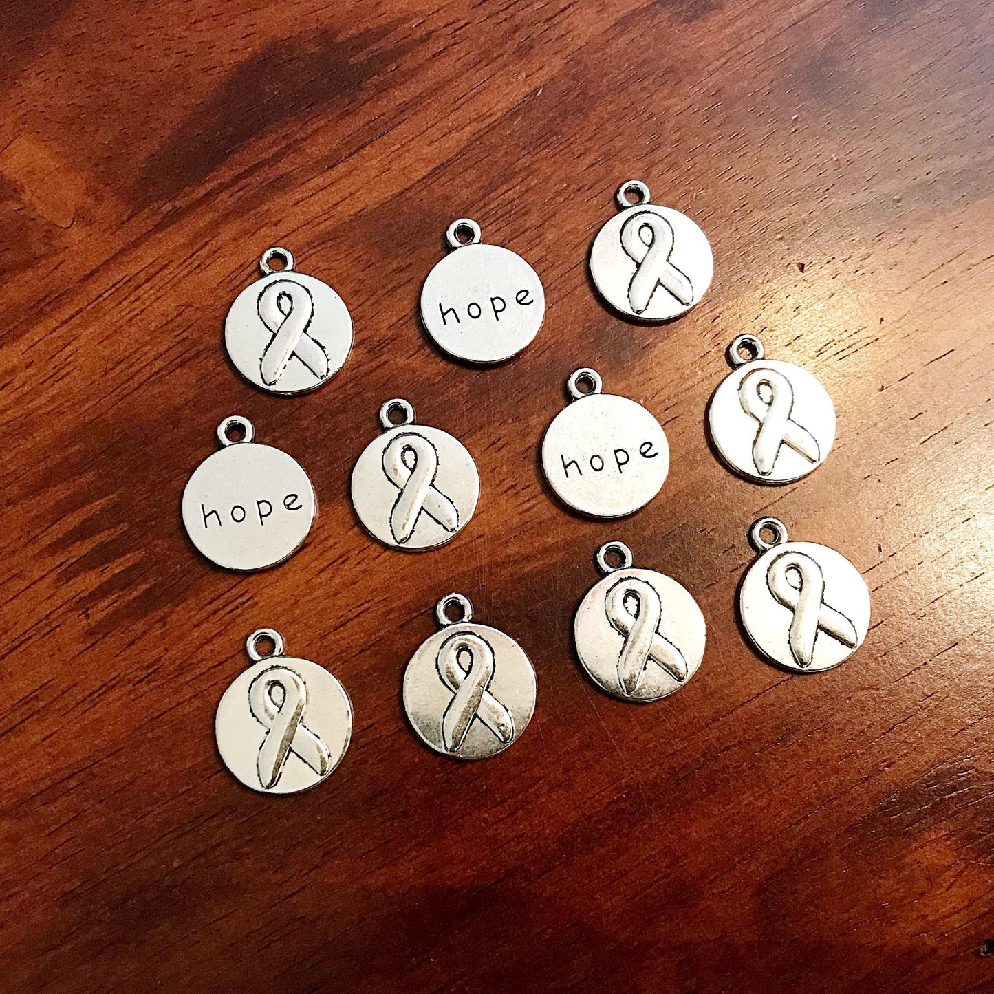 20 Hope Ribbon Charms, Antique Silver Charms, Cancer Awareness Charms, Hope Charms, Ribbon Charms, Round Hope Pendants, Findings