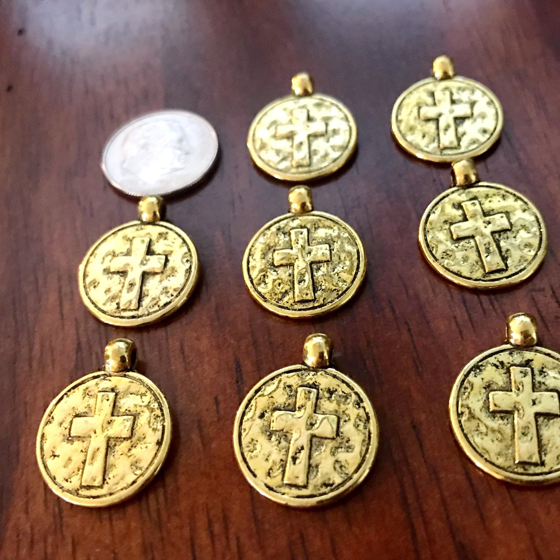 20pcs, Hammered Cross Charms, Antique Gold Cross Charms, Round Cross Charms, Disc Cross Charms, Coin Cross Charms, DIY Jewelry, Findings