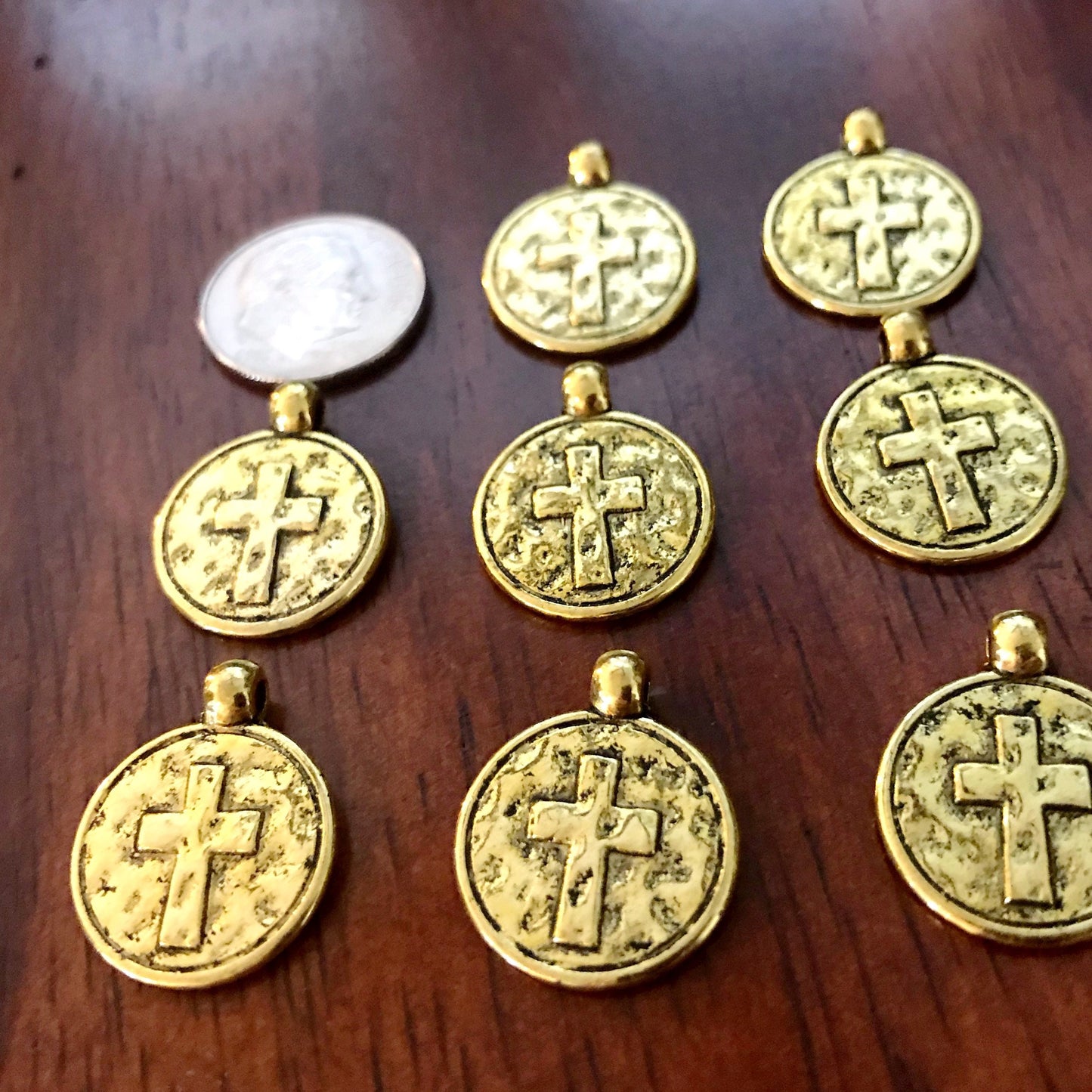 30pcs, Hammered Cross Charms, Antique Gold Cross Charms, Round Cross Charms, Disc Cross Charms, Coin Cross Charms, DIY Jewelry, Findings