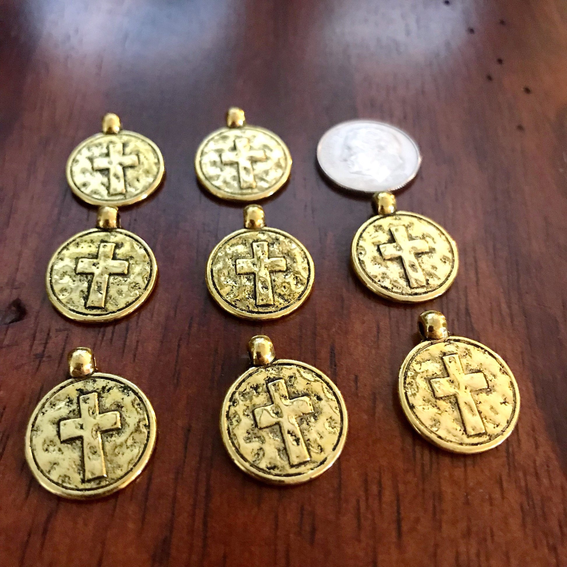 20pcs, Hammered Cross Charms, Antique Gold Cross Charms, Round Cross Charms, Disc Cross Charms, Coin Cross Charms, DIY Jewelry, Findings