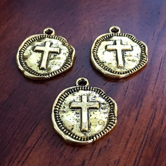 20pcs, Hammered Cross Charms, Antique Gold Cross Charms, Round Cross Charms, Disc Cross Charms, Coin Cross Charms, DIY Jewelry, Findings