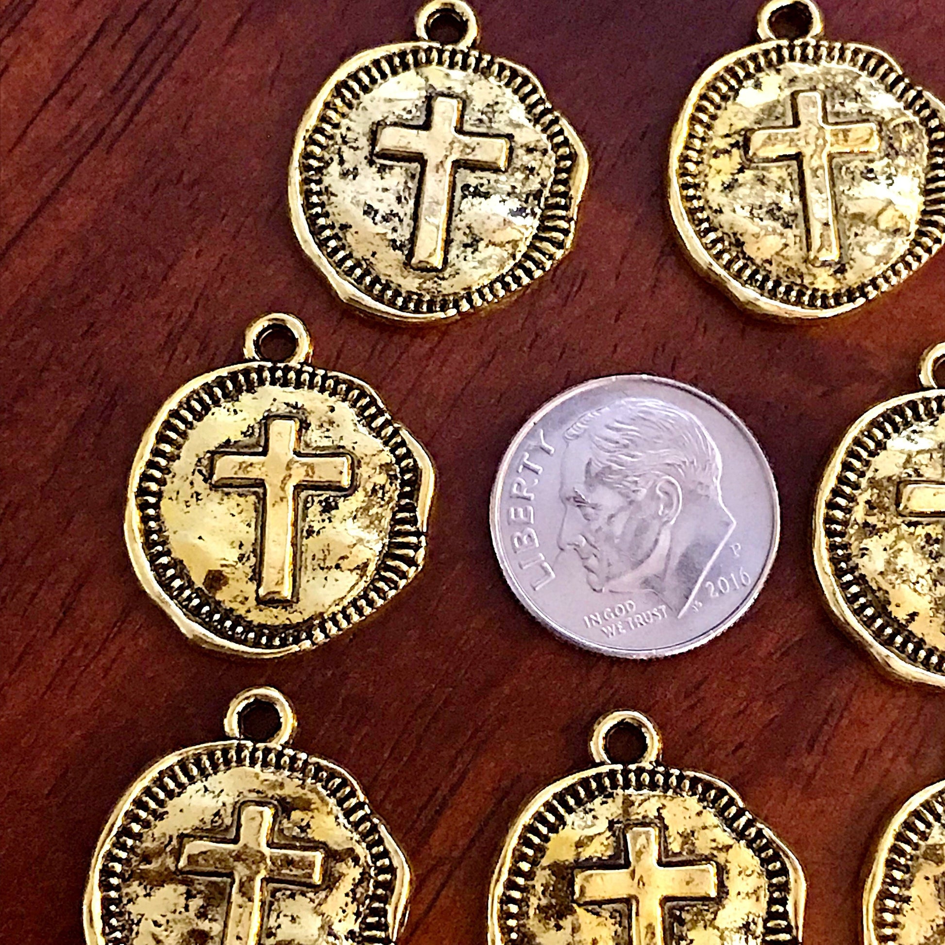 40pcs, Hammered Cross Charms, Gold Tone Cross Charms, Round Disc Cross Charms, Hammered Cross Pendants, Inside Cross Charms, Findings