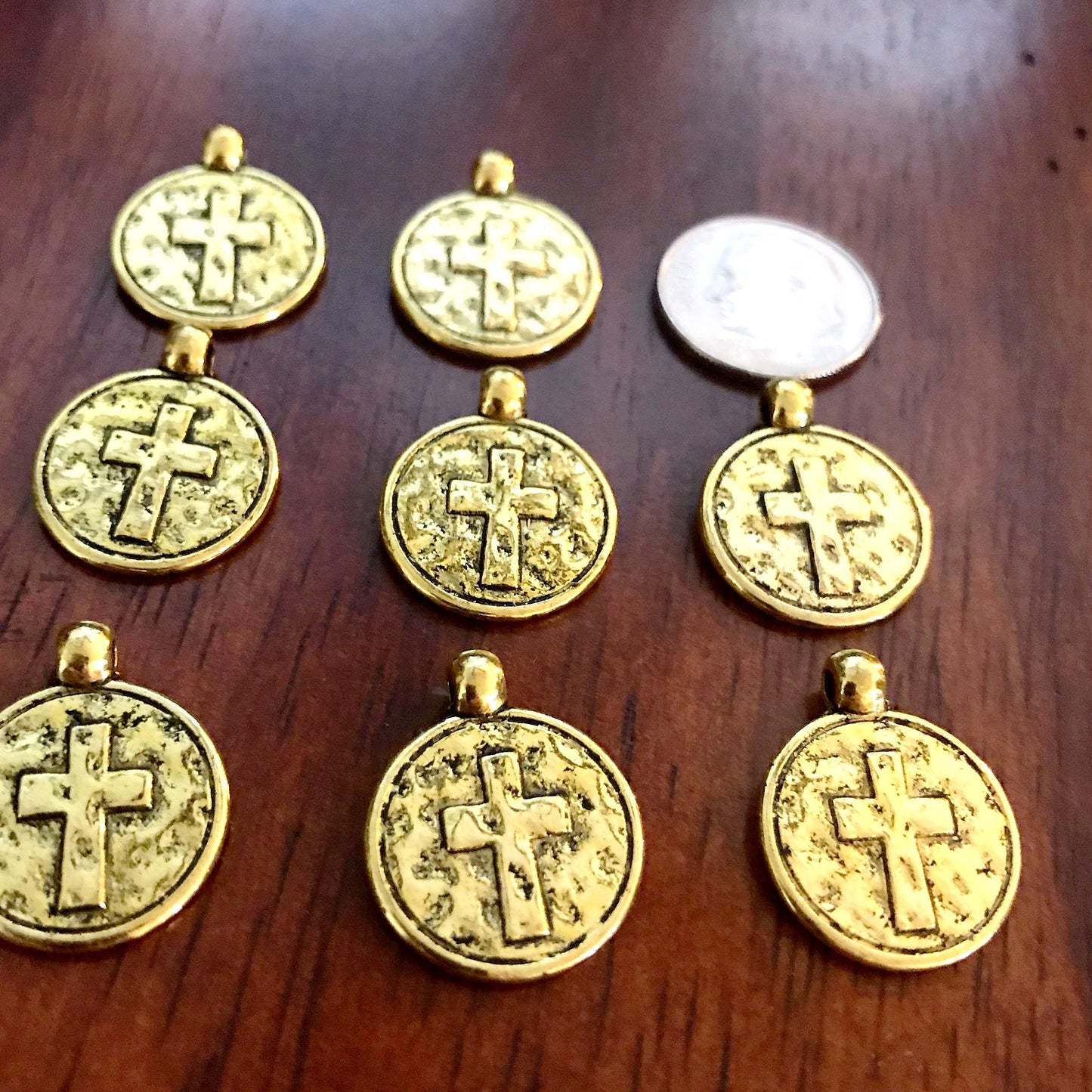 30pcs, Hammered Cross Charms, Antique Gold Cross Charms, Round Cross Charms, Disc Cross Charms, Coin Cross Charms, DIY Jewelry, Findings