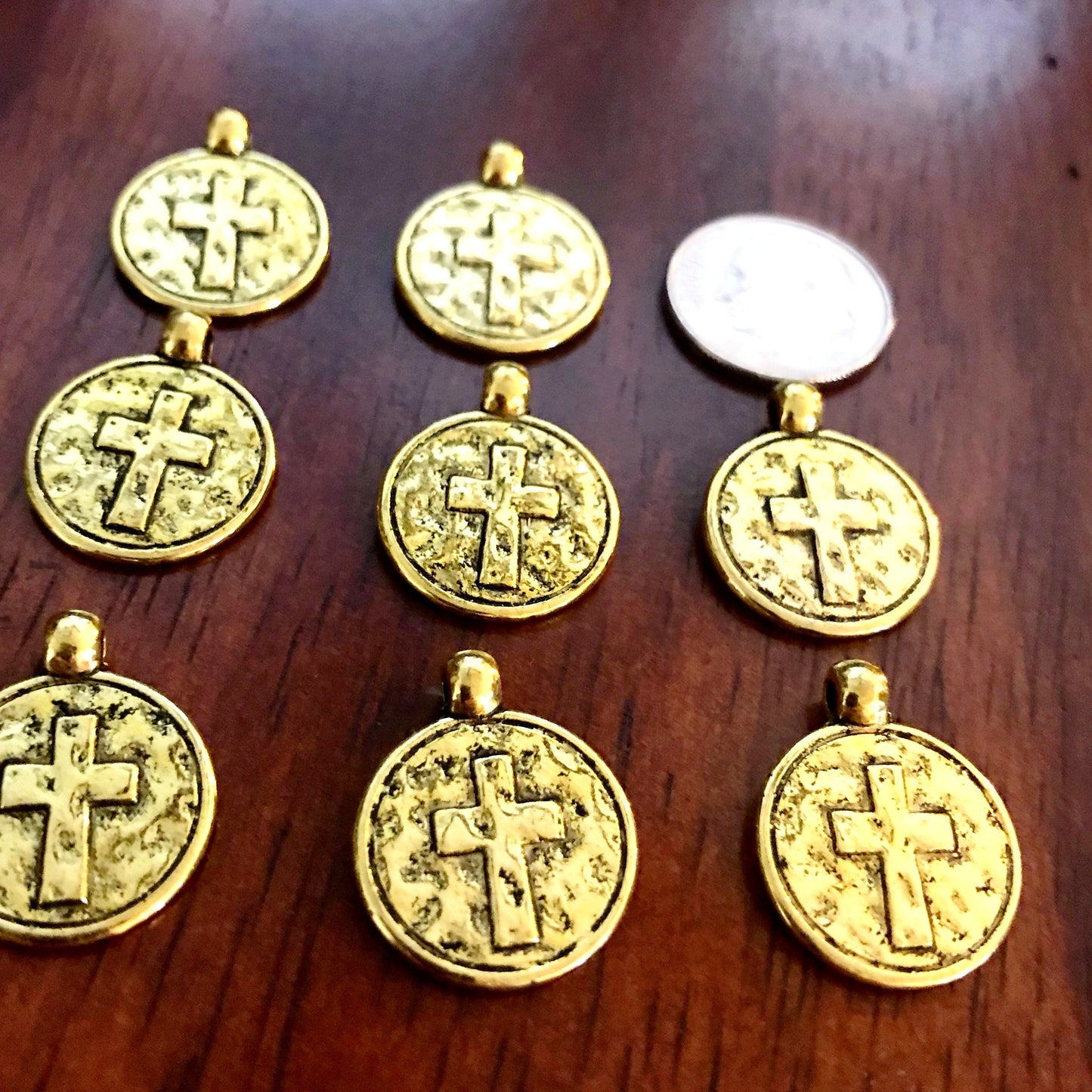 30pcs, Hammered Cross Charms, Antique Gold Cross Charms, Round Cross Charms, Disc Cross Charms, Coin Cross Charms, DIY Jewelry, Findings