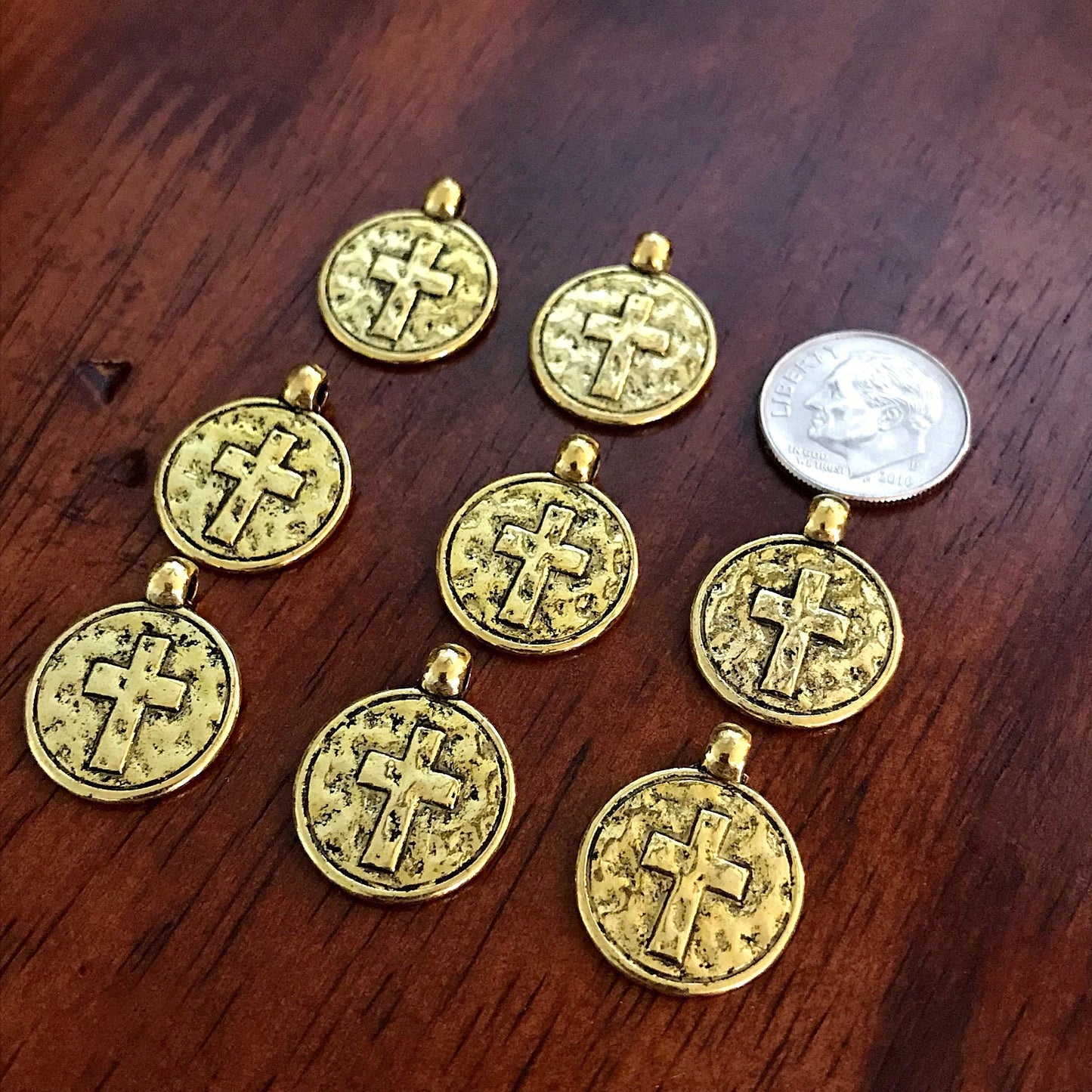 20pcs, Hammered Cross Charms, Antique Gold Cross Charms, Round Cross Charms, Disc Cross Charms, Coin Cross Charms, DIY Jewelry, Findings