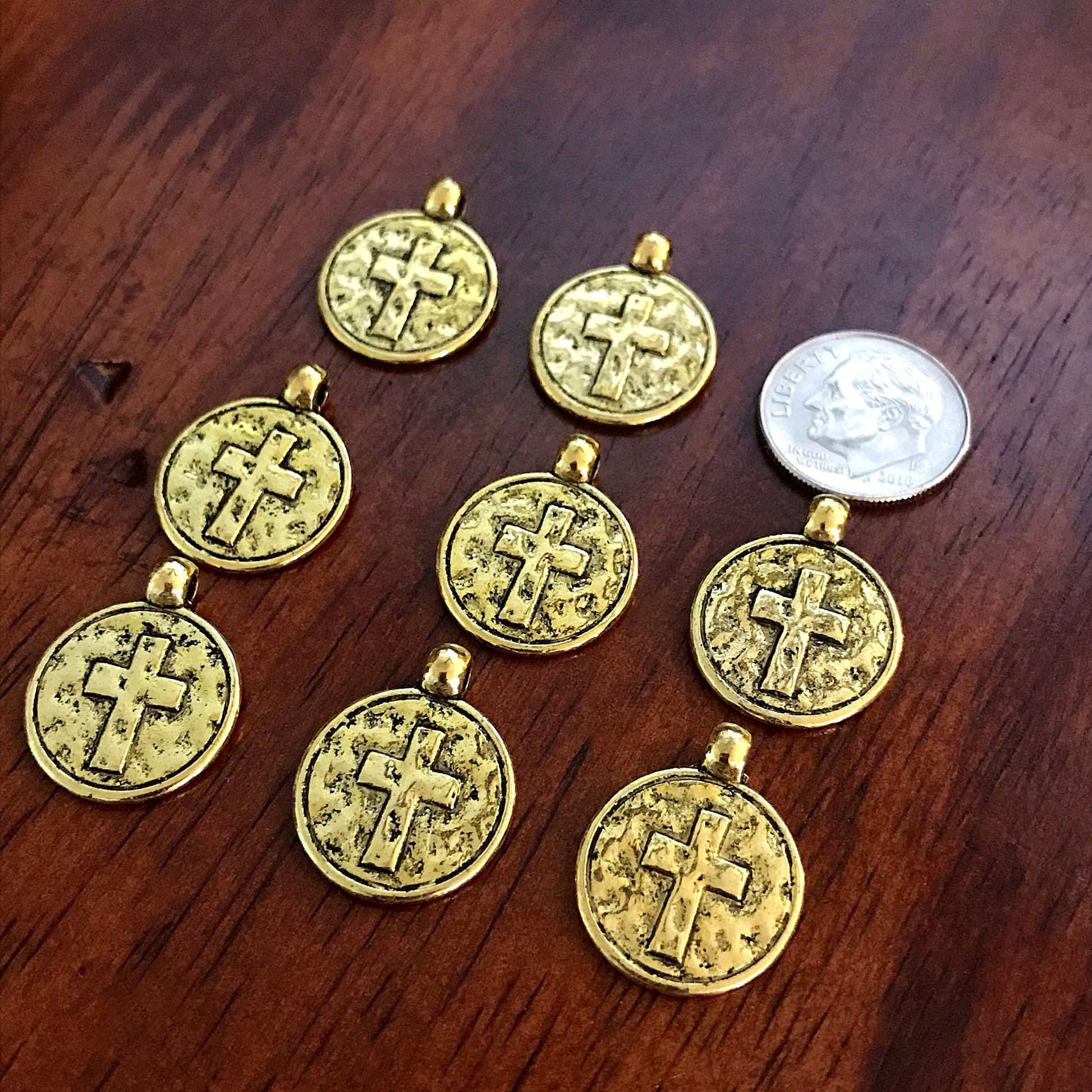 30pcs, Hammered Cross Charms, Antique Gold Cross Charms, Round Cross Charms, Disc Cross Charms, Coin Cross Charms, DIY Jewelry, Findings