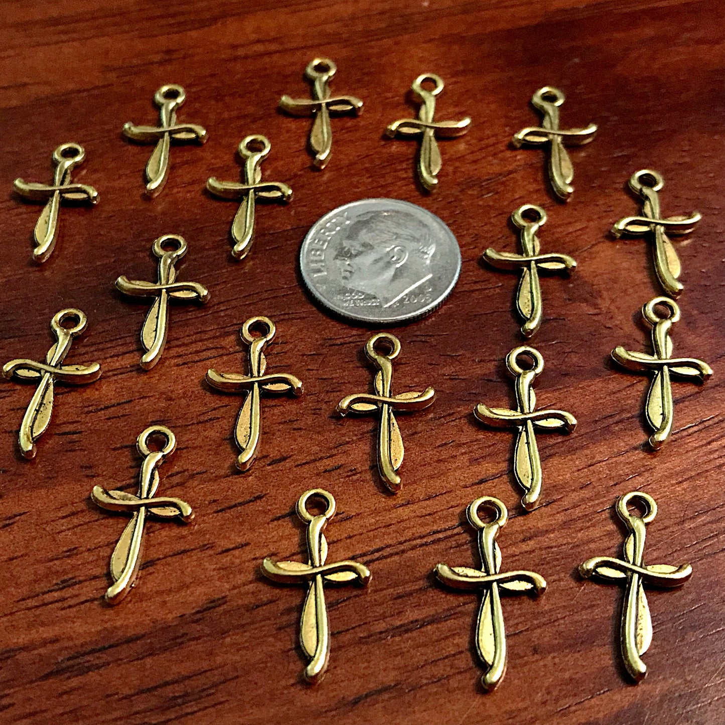 25pcs, Gold Cross Charms, Antique Gold Cross, Cross Charms, Double Sided Cross Charms, Tiny Gold Cross Charms, Fancy Cross Charms, Findings