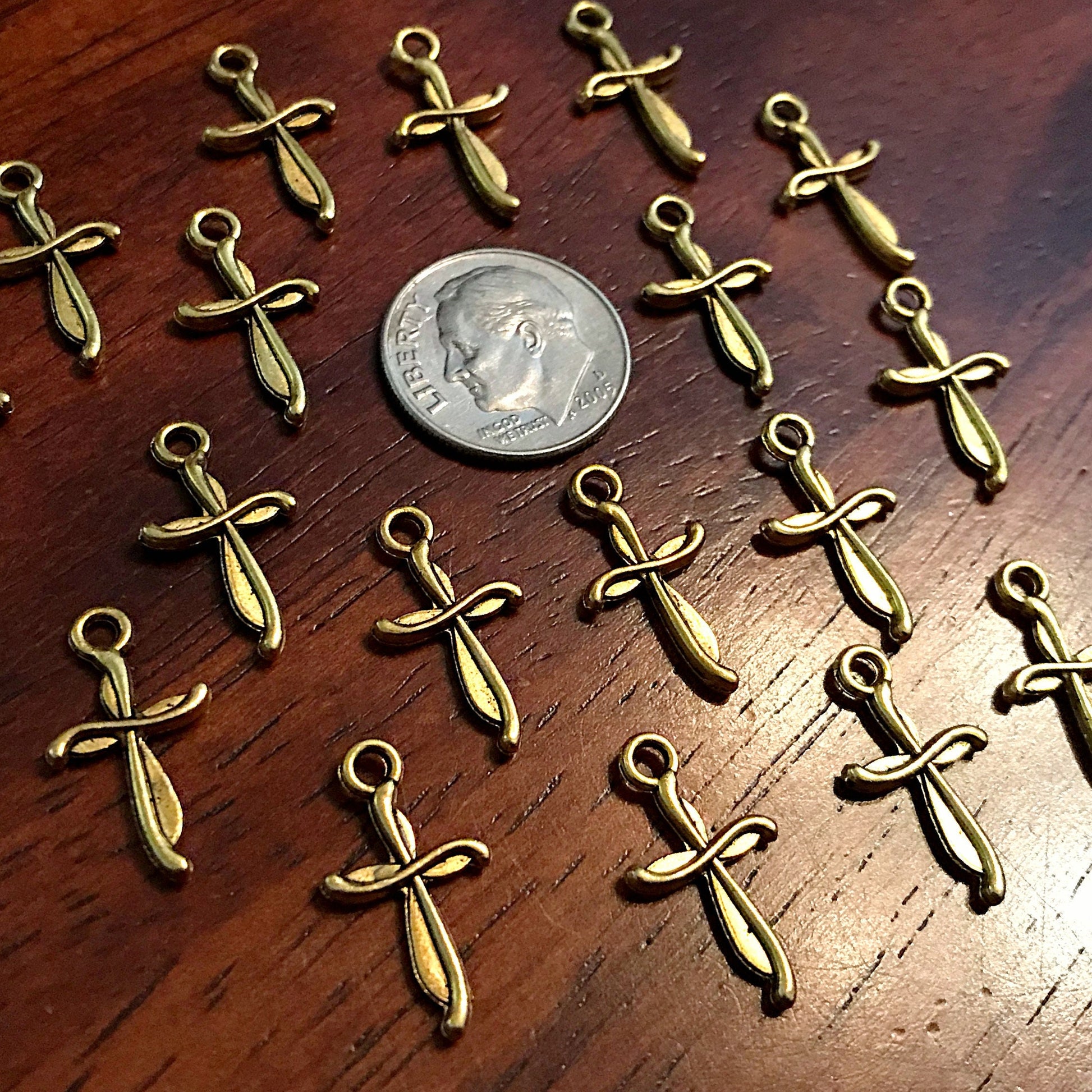 25pcs, Gold Cross Charms, Antique Gold Cross, Cross Charms, Double Sided Cross Charms, Tiny Gold Cross Charms, Fancy Cross Charms, Findings