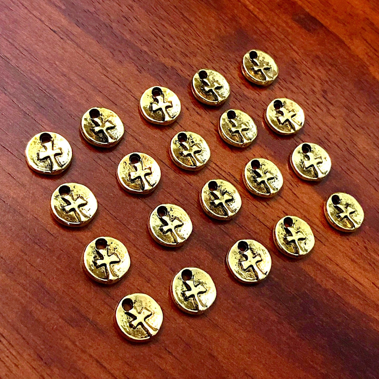 30pcs, Cross Charms, Round Cross Charms, Gold Tone Cross Charm, Tiny Cross Charms, Hammered Cross, Rosary Charms, 2 Sided Charms, Findings
