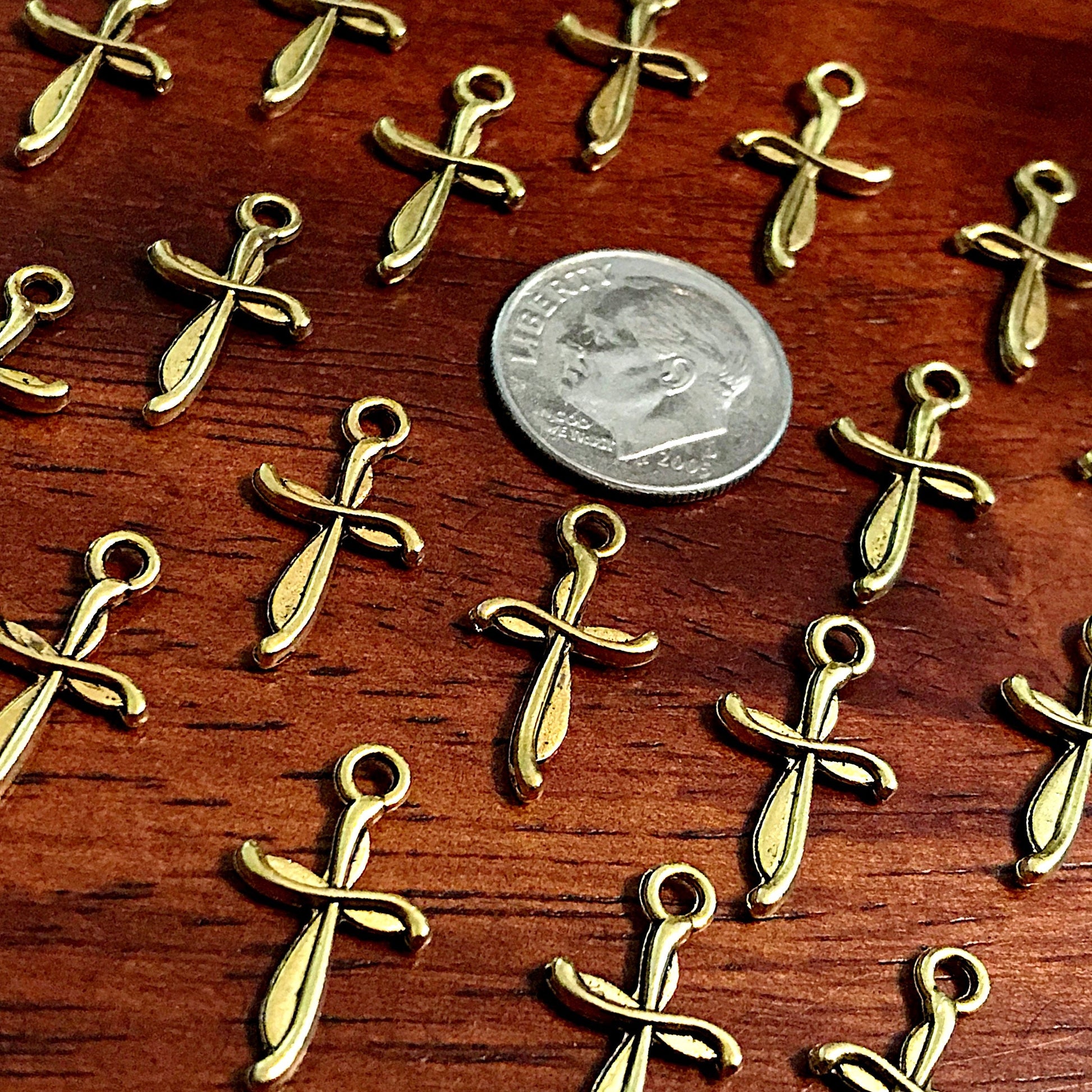 50pcs, Gold Cross Charms, Antique Gold Cross Charms, Double Sided Cross Charms, Tiny Gold Cross Charms, Fancy Cross Charms, Findings
