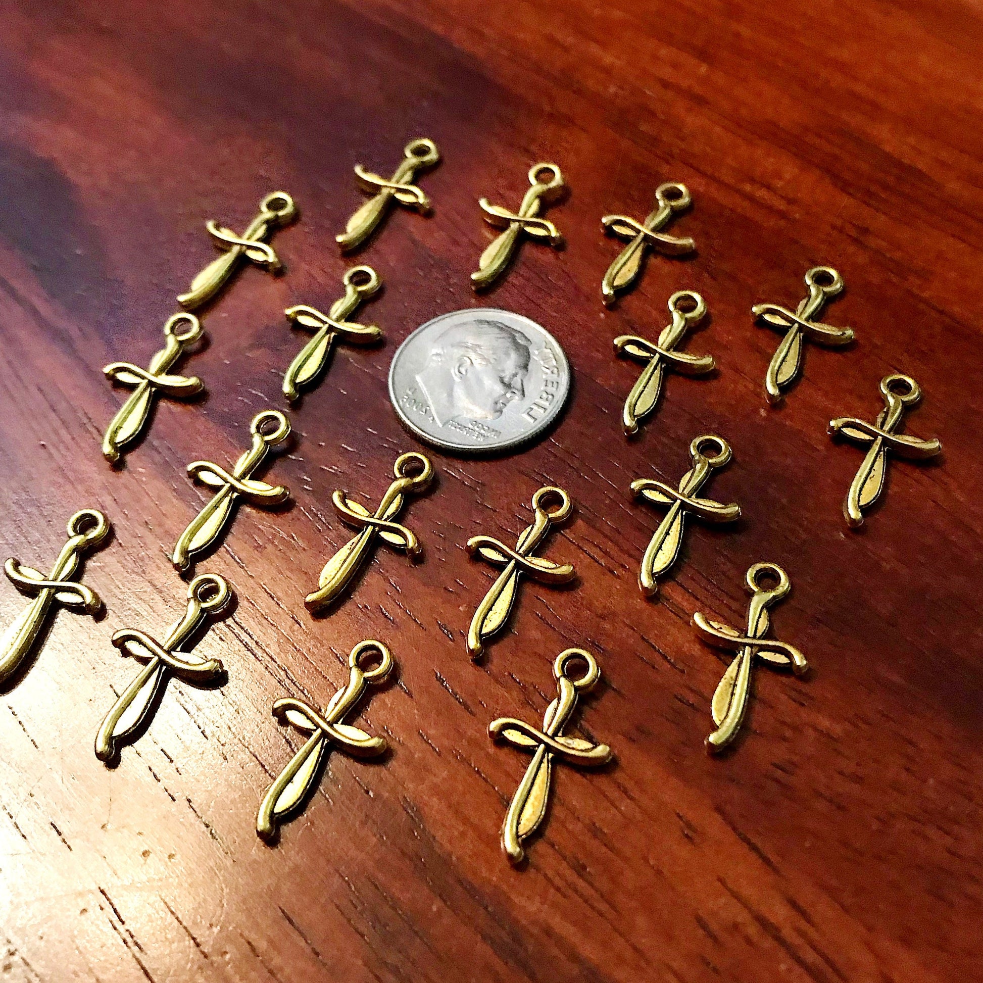 25pcs, Gold Cross Charms, Antique Gold Cross, Cross Charms, Double Sided Cross Charms, Tiny Gold Cross Charms, Fancy Cross Charms, Findings