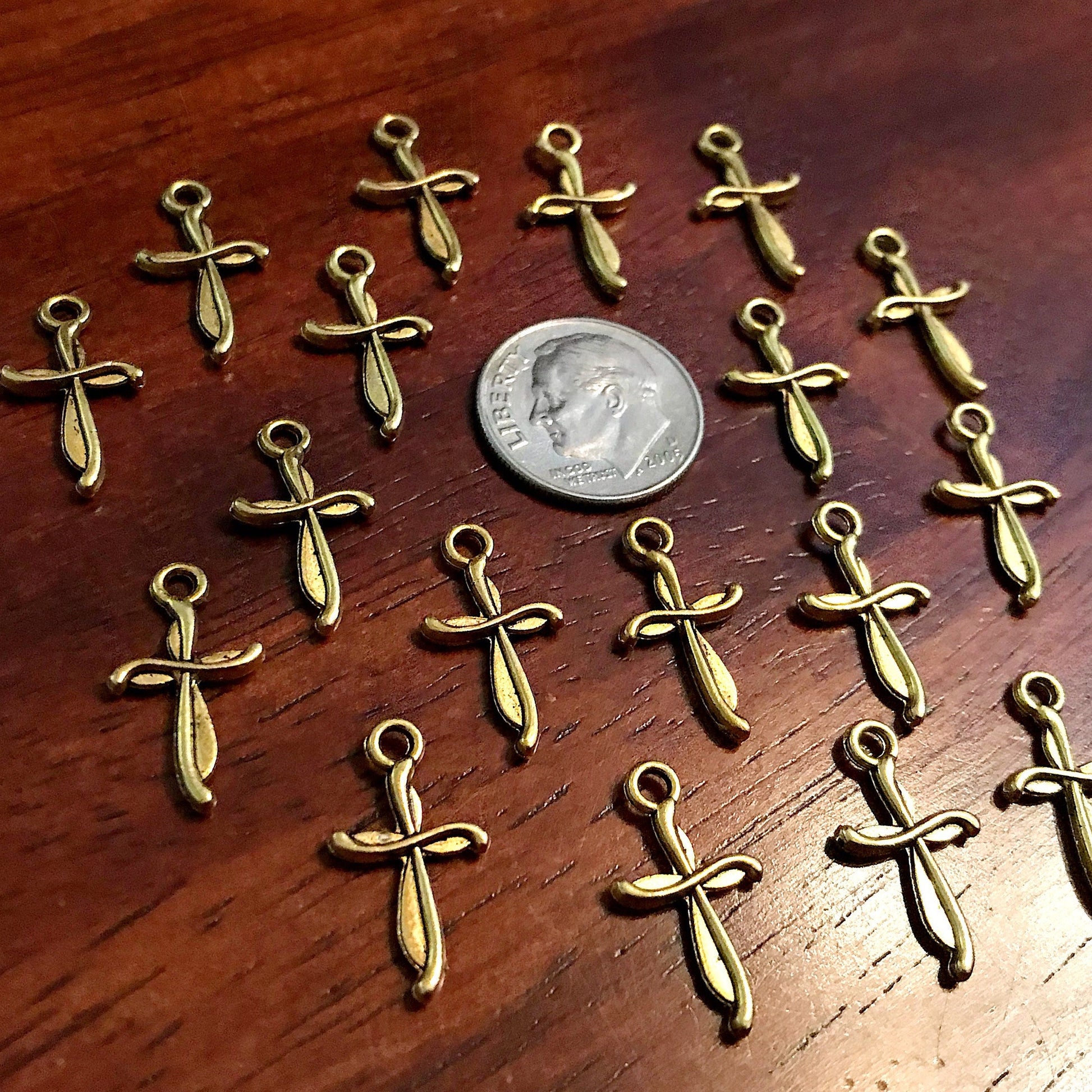 25pcs, Gold Cross Charms, Antique Gold Cross, Cross Charms, Double Sided Cross Charms, Tiny Gold Cross Charms, Fancy Cross Charms, Findings