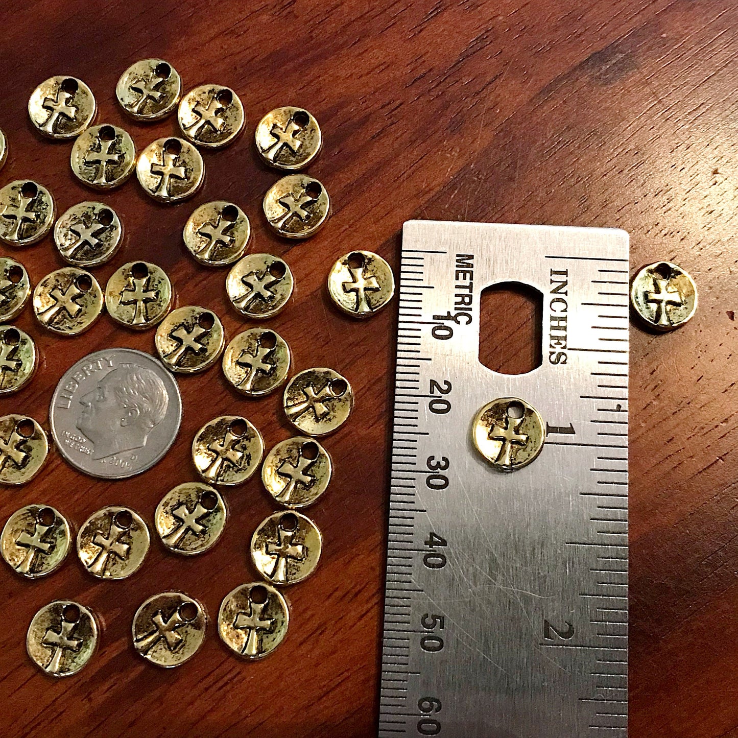 30pcs, Cross Charms, Round Cross Charms, Gold Tone Cross Charm, Tiny Cross Charms, Hammered Cross, Rosary Charms, 2 Sided Charms, Findings