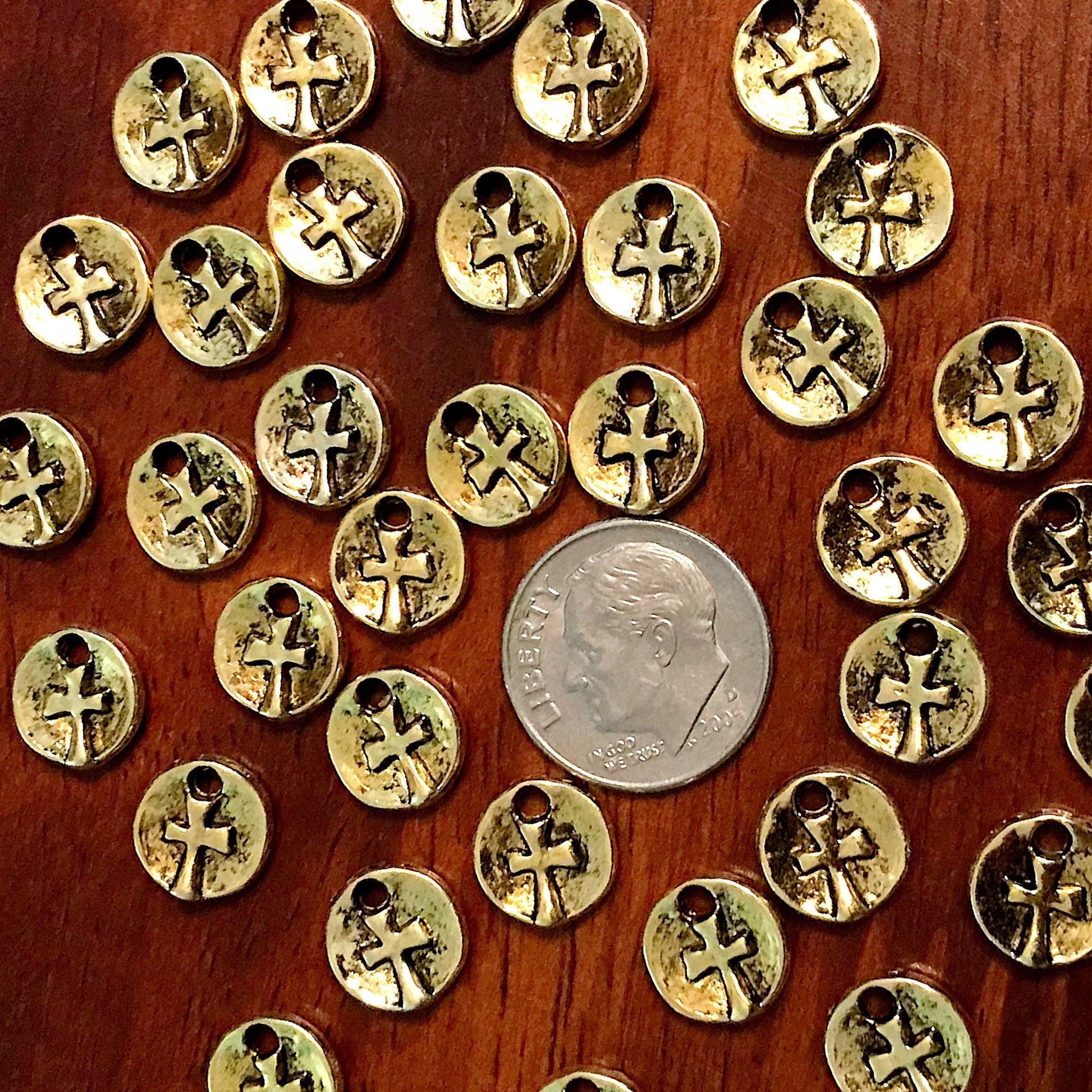 50pcs, Cross Charms, Round Cross Charms, Gold Tone Cross Charm, Tiny Cross Charms, Hammered Cross, Rosary Charms, 2 Sided Charms, Findings