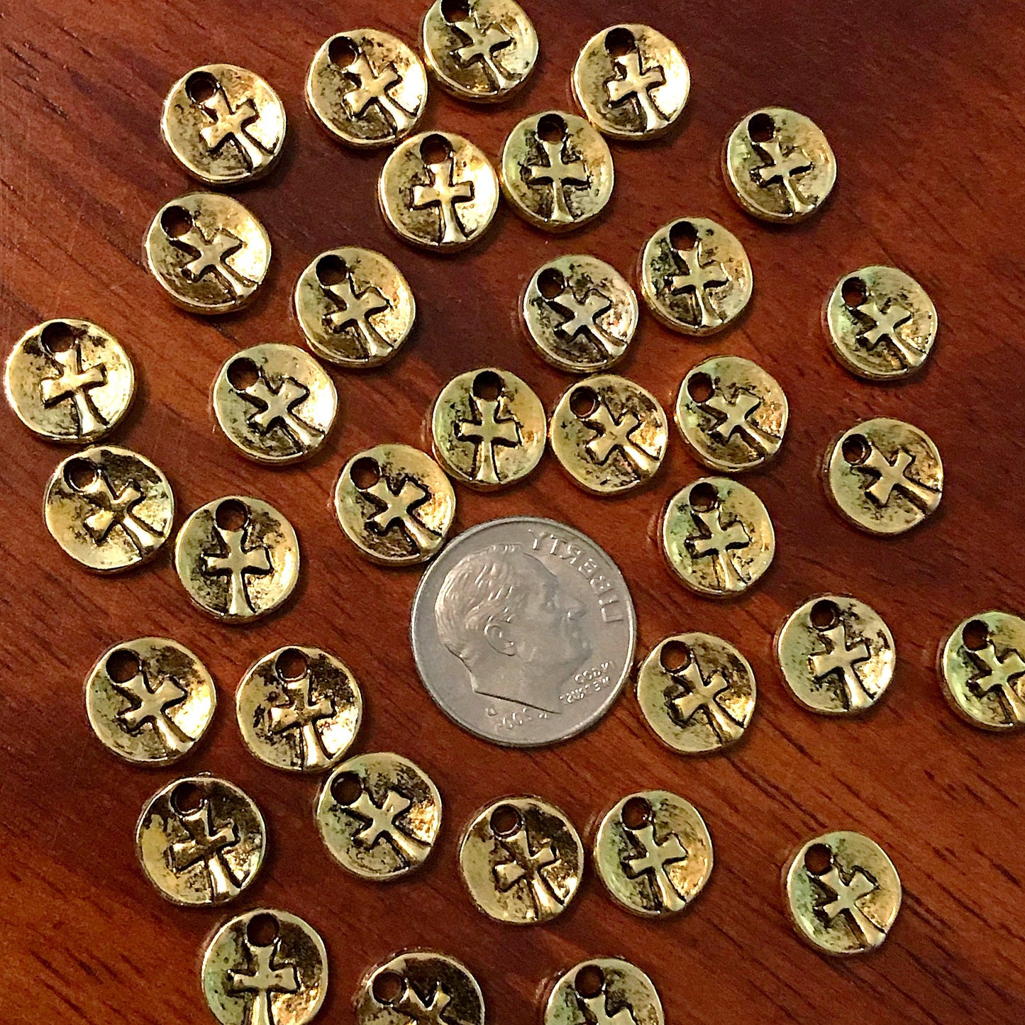 50pcs, Cross Charms, Round Cross Charms, Gold Tone Cross Charm, Tiny Cross Charms, Hammered Cross, Rosary Charms, 2 Sided Charms, Findings