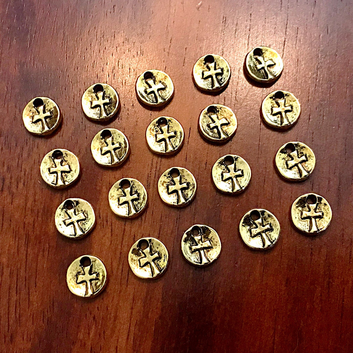 50pcs, Cross Charms, Round Cross Charms, Gold Tone Cross Charm, Tiny Cross Charms, Hammered Cross, Rosary Charms, 2 Sided Charms, Findings