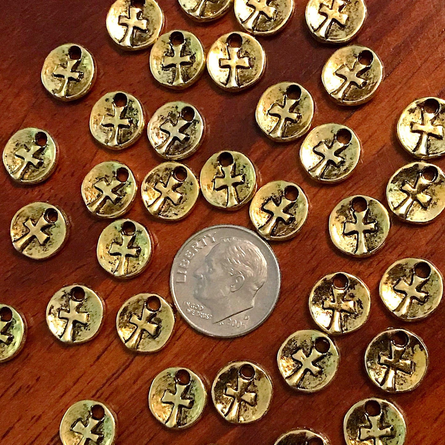 30pcs, Cross Charms, Round Cross Charms, Gold Tone Cross Charm, Tiny Cross Charms, Hammered Cross, Rosary Charms, 2 Sided Charms, Findings