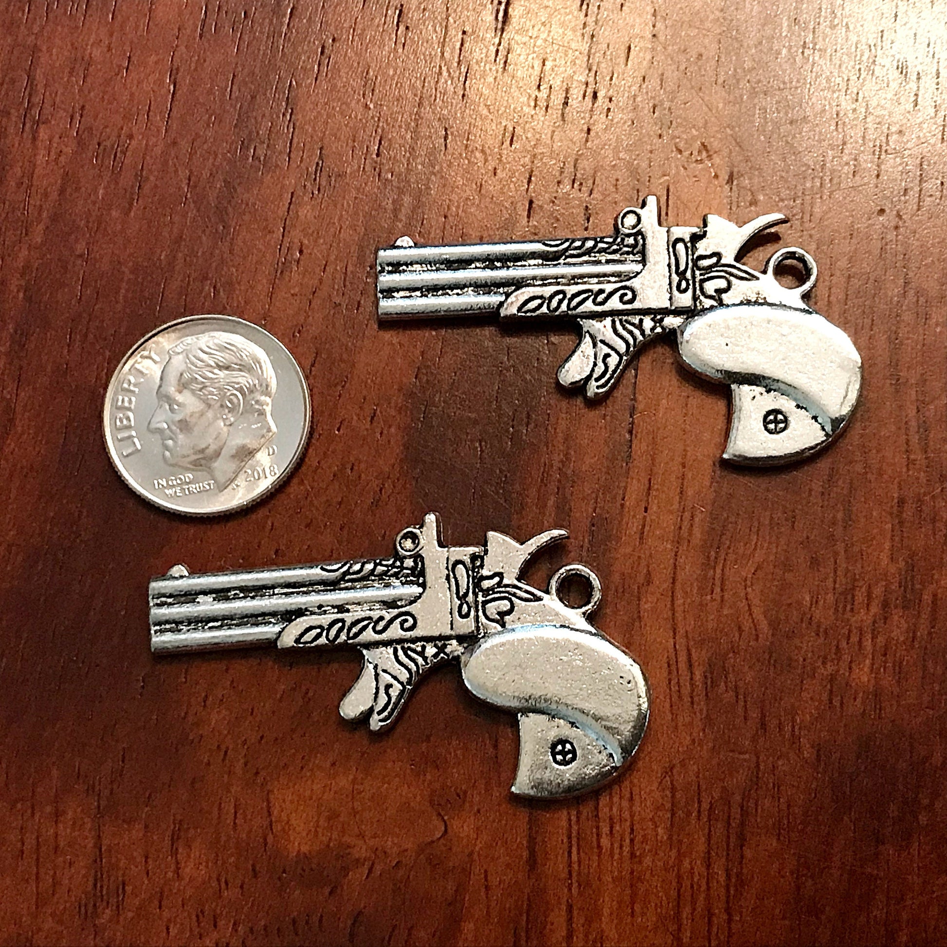 5pcs, Gun Charms, Antique Silver Charms, Gun Pendants, Pistol Charm, Double Sided Hand Gun Charms, Western Revolver Charms, Findings