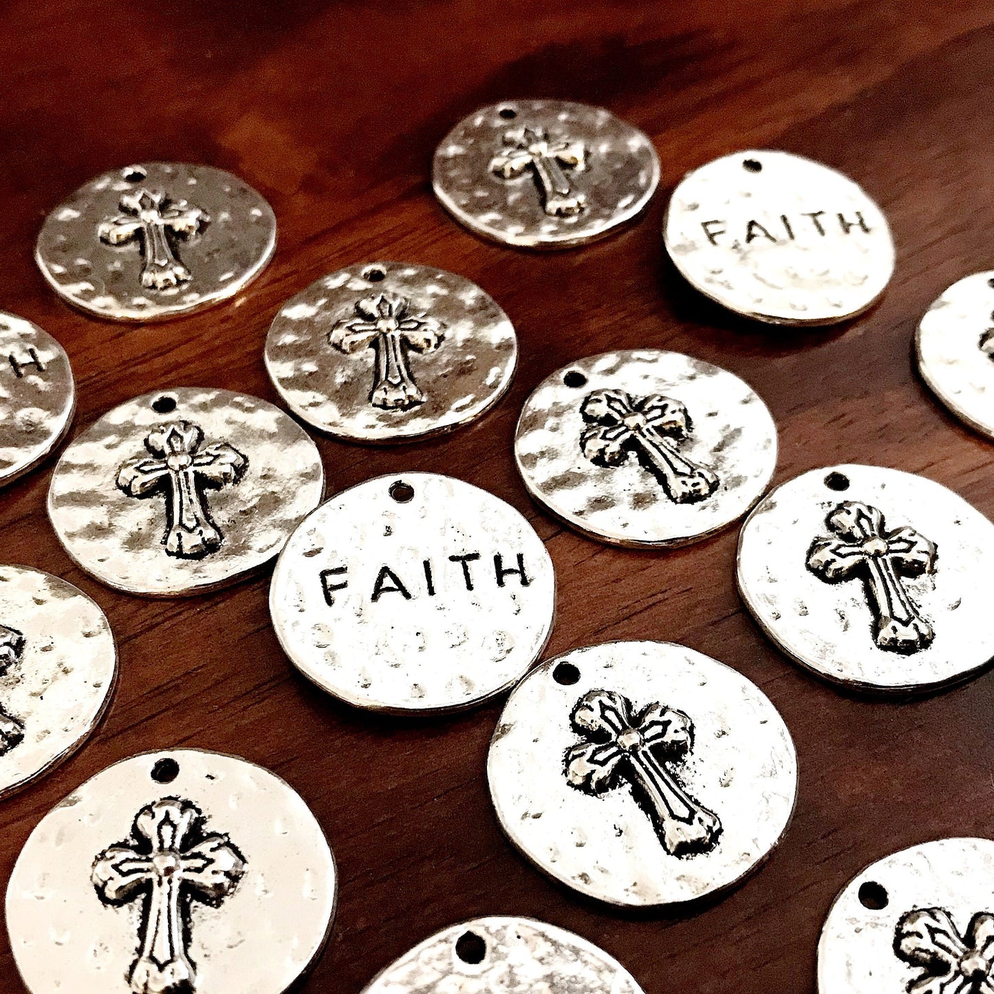 5pcs, Large Faith Charms, Round Faith Charms, Antique Silver Cross Charms, Round Cross Charms, Hammered Cross Pendants, Disc Cross, Findings