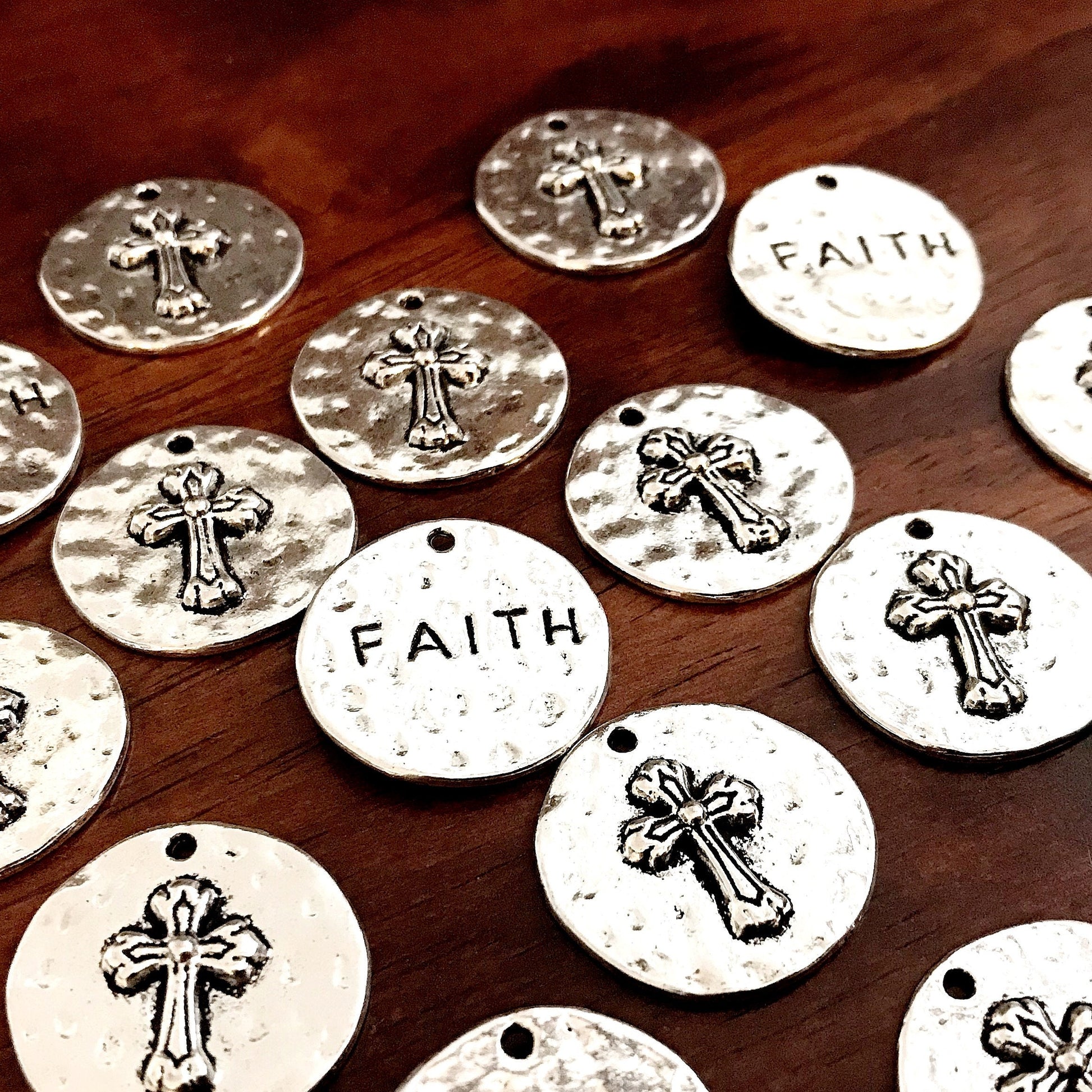 5pcs, Large Faith Charms, Round Faith Charms, Antique Silver Cross Charms, Round Cross Charms, Hammered Cross Pendants, Disc Cross, Findings