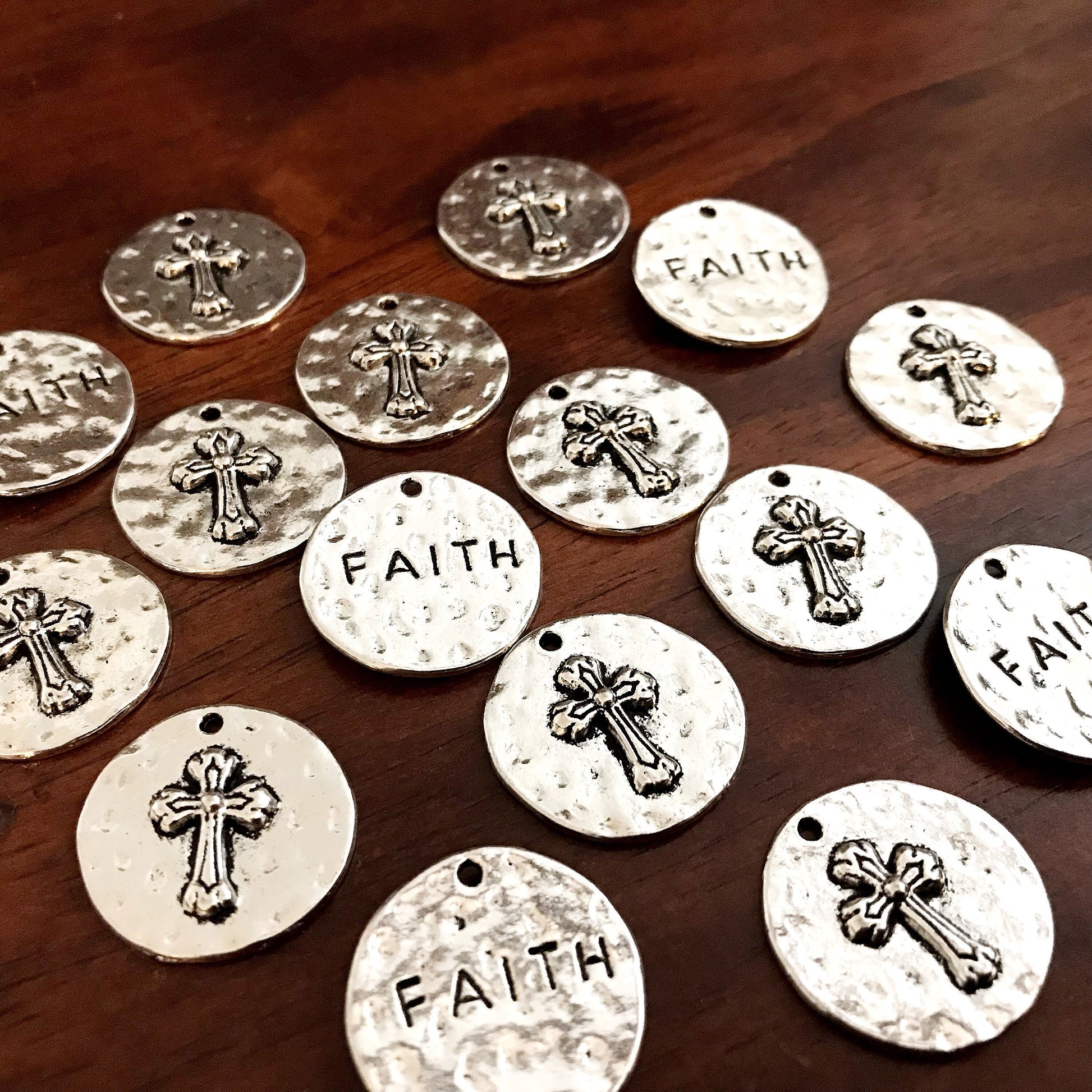5pcs, Large Faith Charms, Round Faith Charms, Antique Silver Cross Charms, Round Cross Charms, Hammered Cross Pendants, Disc Cross, Findings