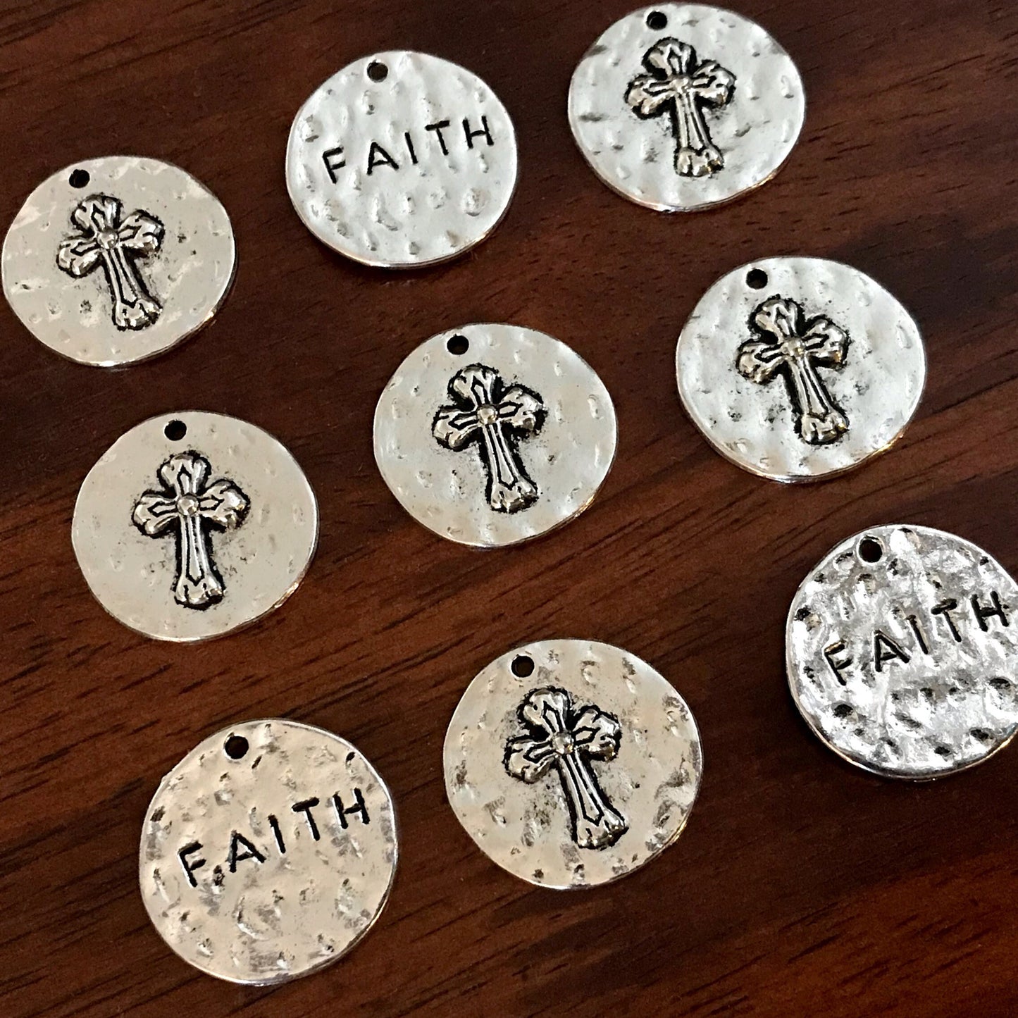 5pcs, Large Faith Charms, Round Faith Charms, Antique Silver Cross Charms, Round Cross Charms, Hammered Cross Pendants, Disc Cross, Findings