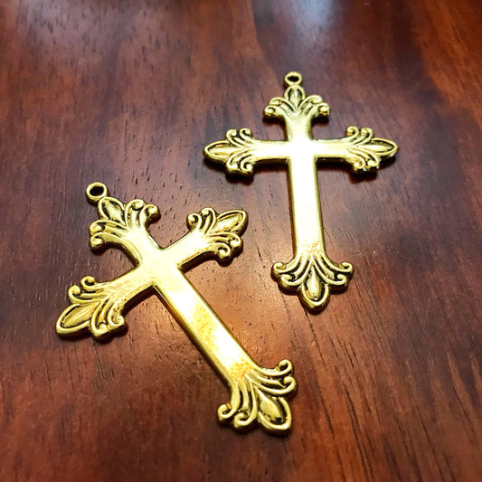 4 Large Gold Cross Pendants, Cross Charms, Antique Gold Cross Pendant, Fancy Cross Pendants, Rosary Cross, Rosary Charms, Findings