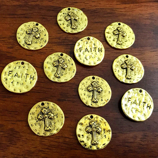 5pcs, Large Faith Charms, Round Faith Charms, Antique Gold Cross Charms, Round Cross Charms, Hammered Cross Pendants, Disc Cross, Findings