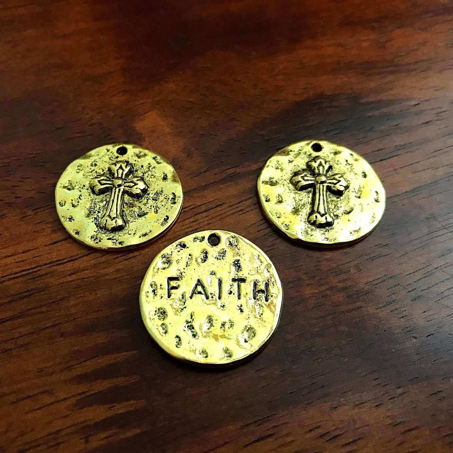 5pcs, Large Faith Charms, Round Faith Charms, Antique Gold Cross Charms, Round Cross Charms, Hammered Cross Pendants, Disc Cross, Findings