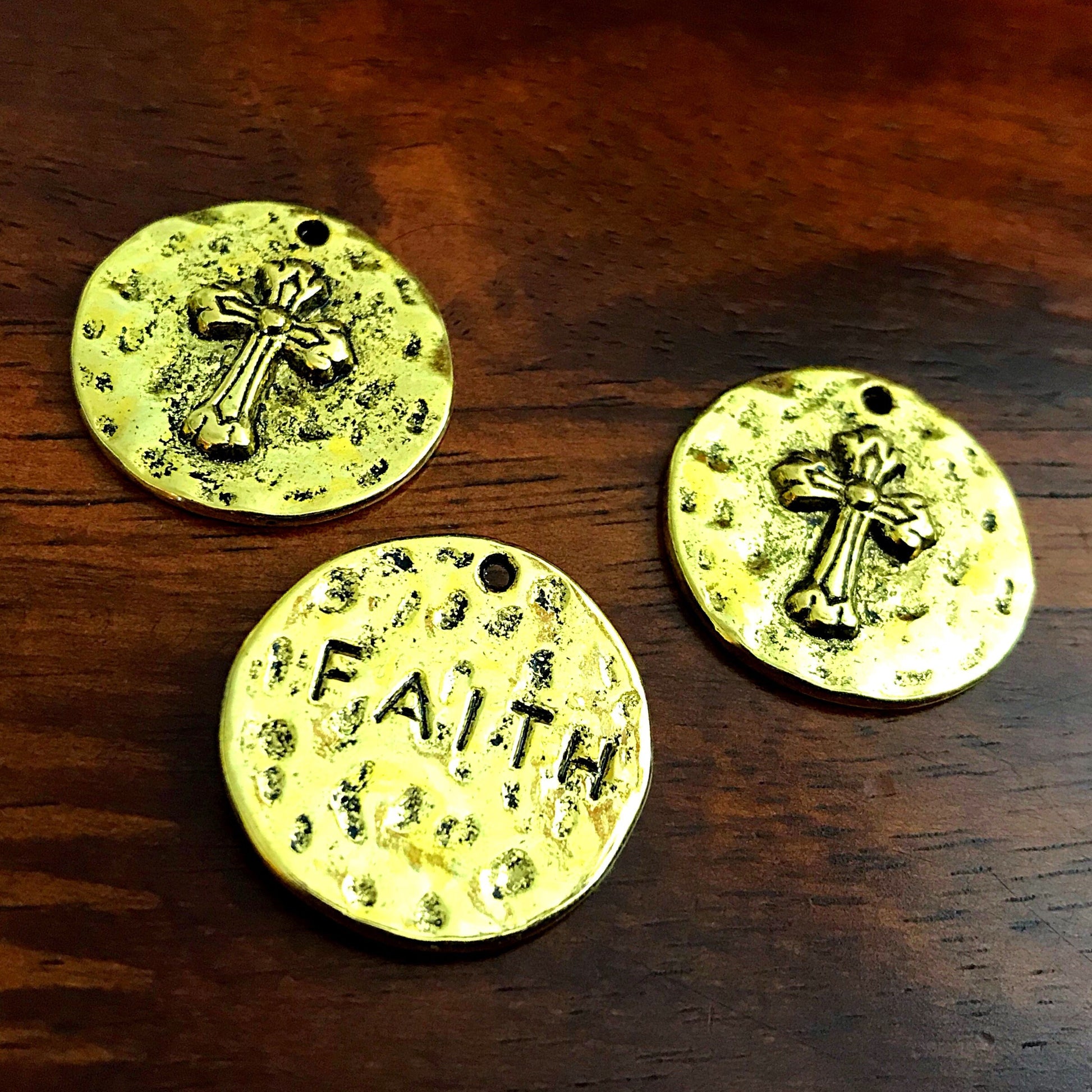 5pcs, Large Faith Charms, Round Faith Charms, Antique Gold Cross Charms, Round Cross Charms, Hammered Cross Pendants, Disc Cross, Findings