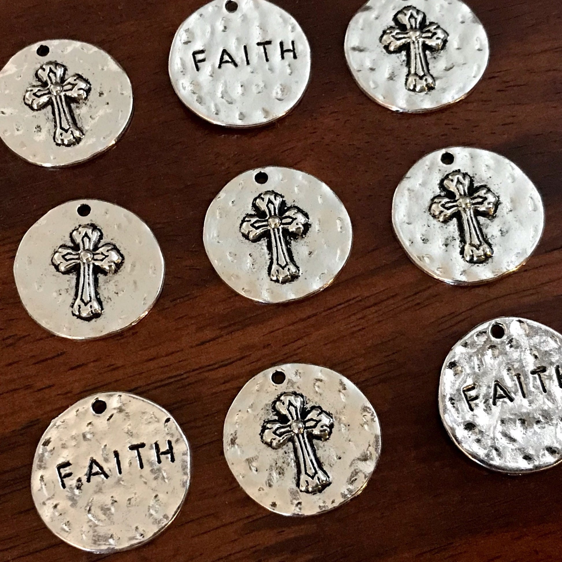5pcs, Large Faith Charms, Round Faith Charms, Antique Silver Cross Charms, Round Cross Charms, Hammered Cross Pendants, Disc Cross, Findings
