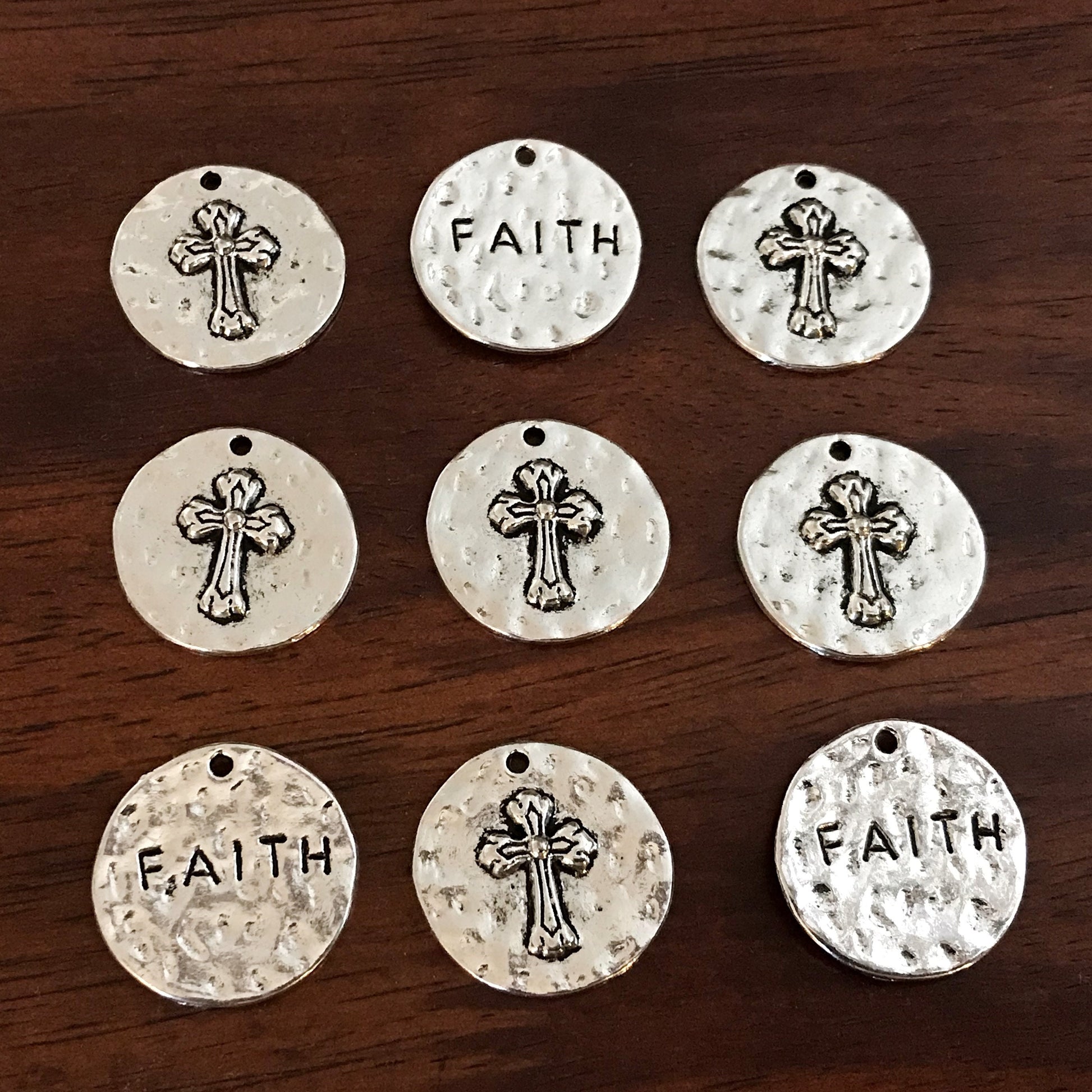 5pcs, Large Faith Charms, Round Faith Charms, Antique Silver Cross Charms, Round Cross Charms, Hammered Cross Pendants, Disc Cross, Findings