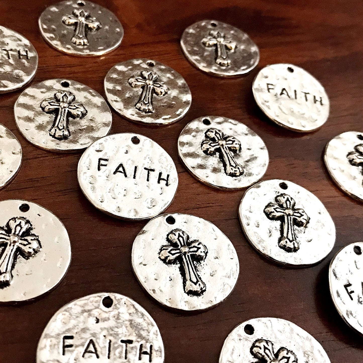 5pcs, Large Faith Charms, Round Faith Charms, Antique Silver Cross Charms, Round Cross Charms, Hammered Cross Pendants, Disc Cross, Findings
