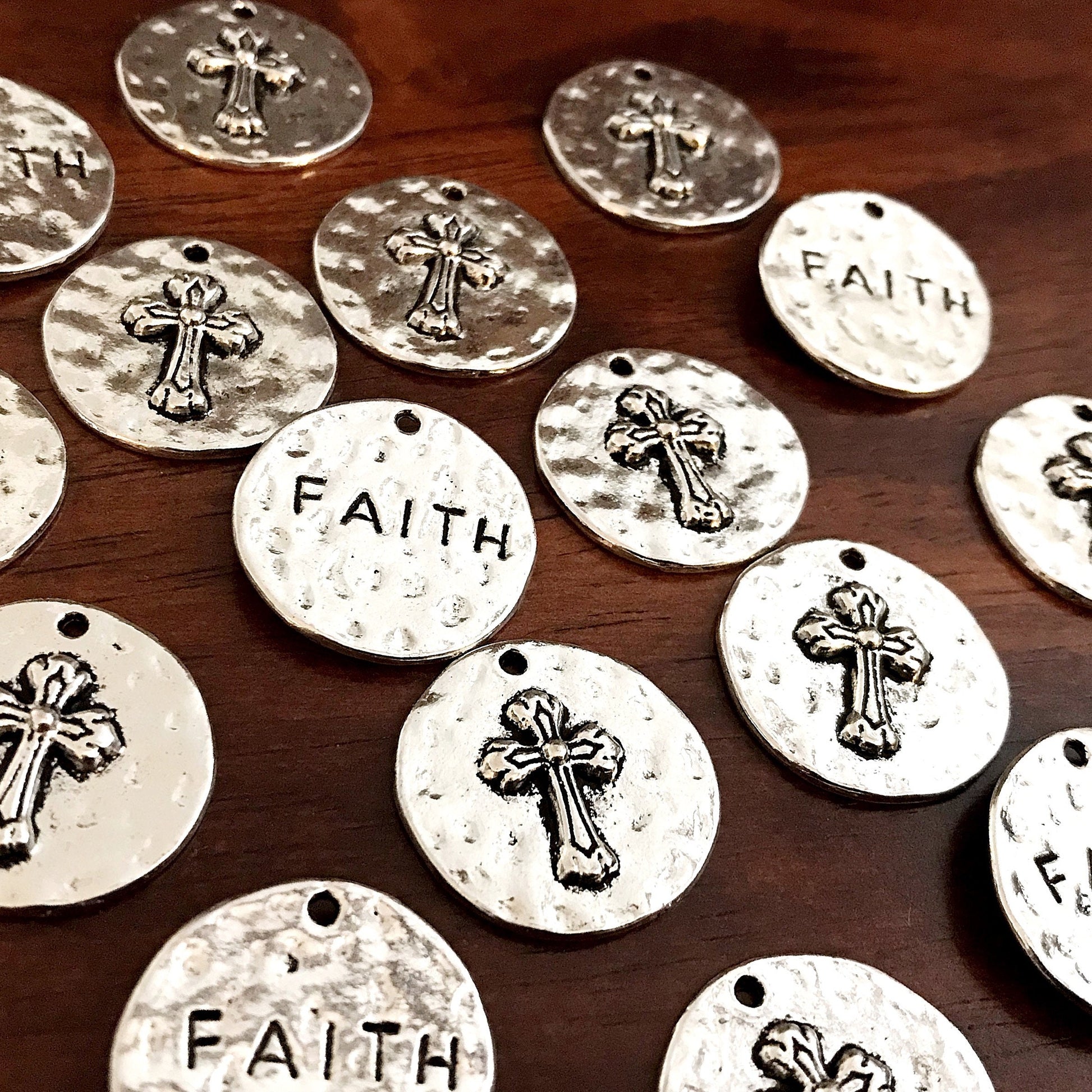 5pcs, Large Faith Charms, Round Faith Charms, Antique Silver Cross Charms, Round Cross Charms, Hammered Cross Pendants, Disc Cross, Findings
