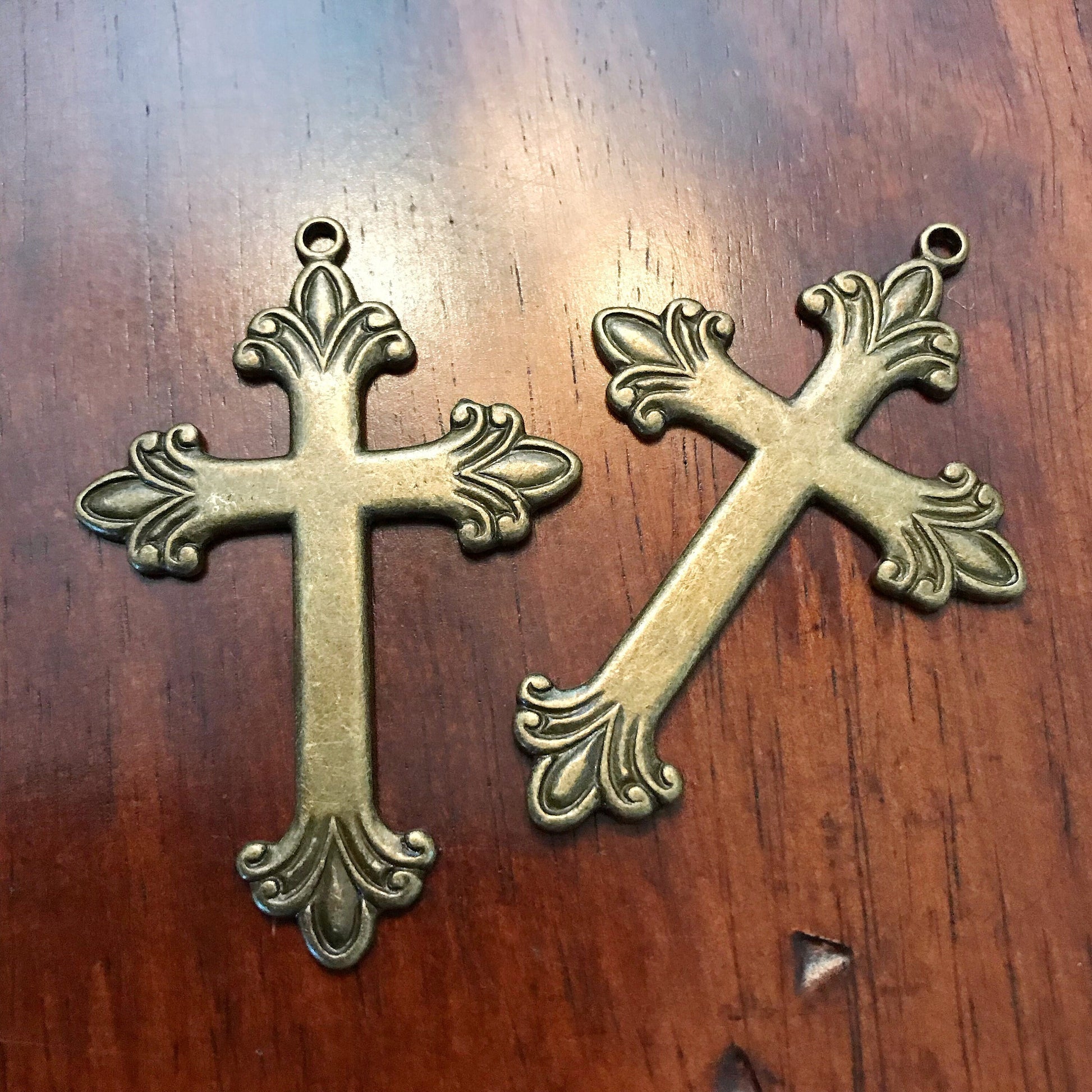 4 Large Bronze Cross Pendants, Cross Charms, Antique Bronze Cross Pendant, Fancy Cross Pendants, Rosary Cross, Rosary Charms, Findings
