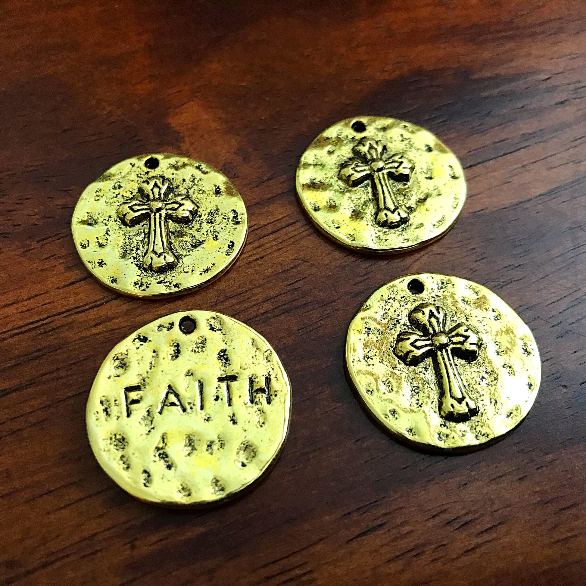 5pcs, Large Faith Charms, Round Faith Charms, Antique Gold Cross Charms, Round Cross Charms, Hammered Cross Pendants, Disc Cross, Findings
