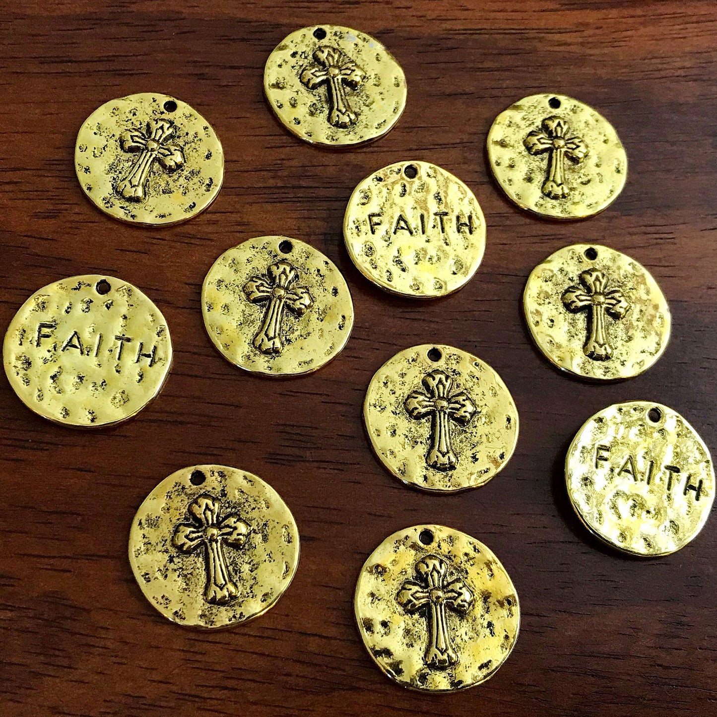 5pcs, Large Faith Charms, Round Faith Charms, Antique Gold Cross Charms, Round Cross Charms, Hammered Cross Pendants, Disc Cross, Findings