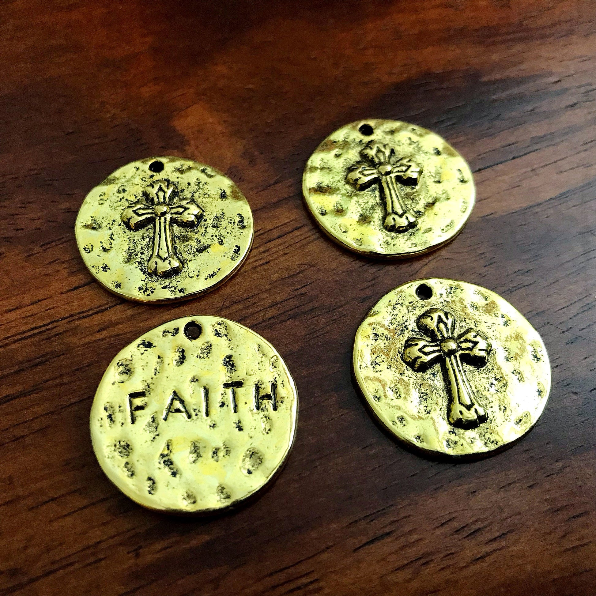 5pcs, Large Faith Charms, Round Faith Charms, Antique Gold Cross Charms, Round Cross Charms, Hammered Cross Pendants, Disc Cross, Findings