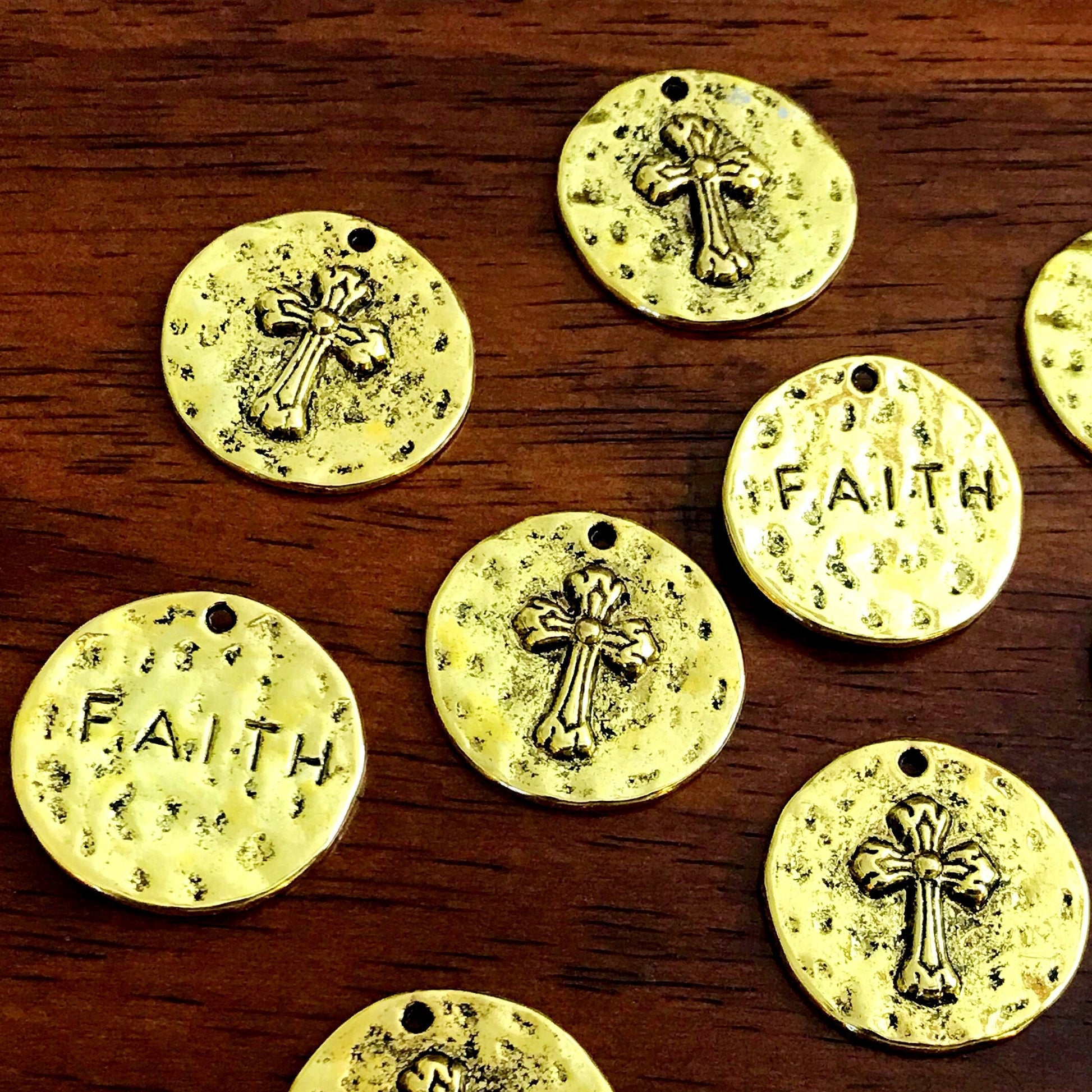 5pcs, Large Faith Charms, Round Faith Charms, Antique Gold Cross Charms, Round Cross Charms, Hammered Cross Pendants, Disc Cross, Findings