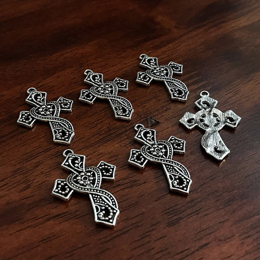 12pcs, Cross Charms, Antique Silver Charms, Silver Cross Charms, Fancy Cross Charms, Cross Pendants, Fndings, Silver and Black Cross Pendant