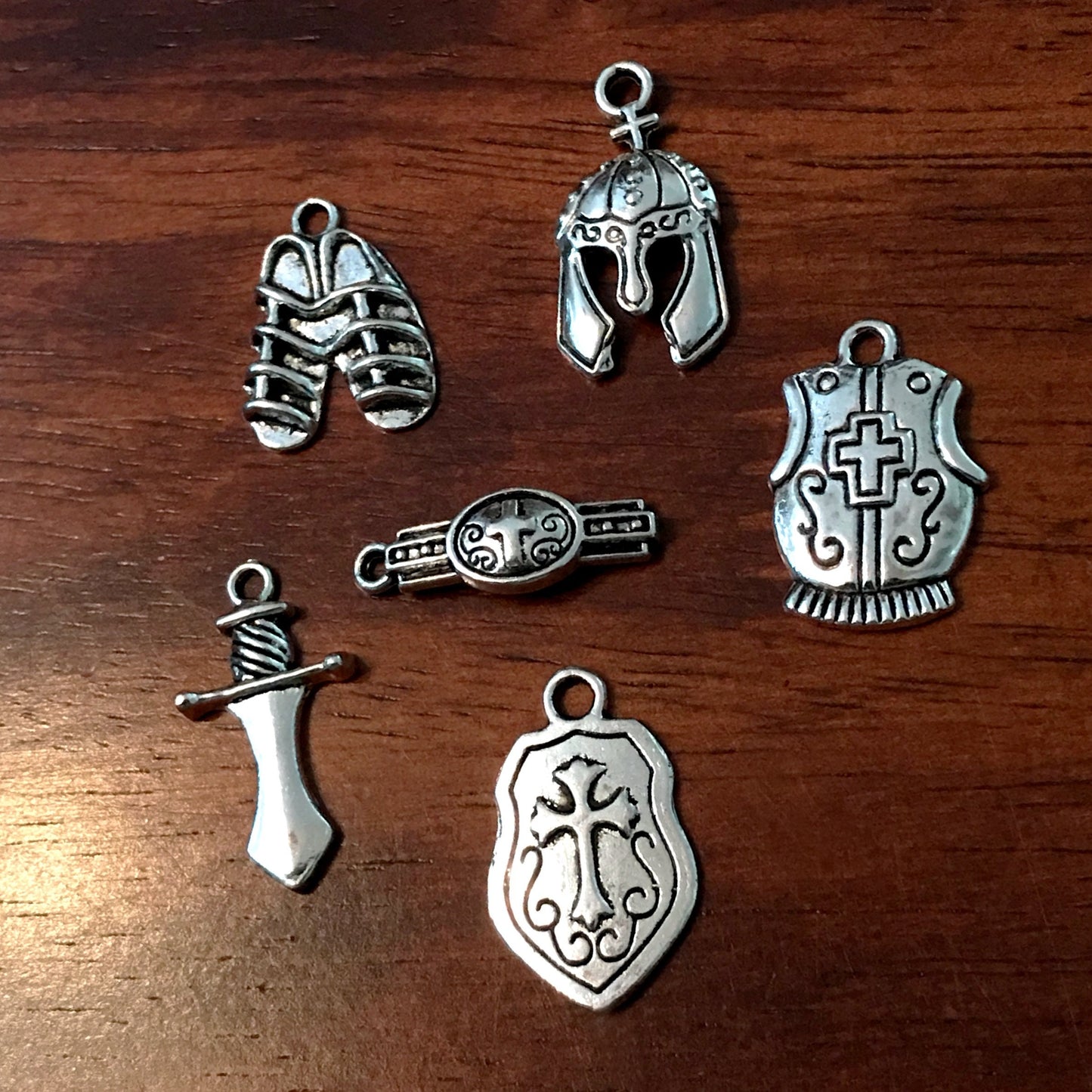 50 sets, Armor of God Charm Sets, Full Armor Of God Charms, 50 each of the Belt, Shield, Breastplate, Helmet, Sword, Shoes