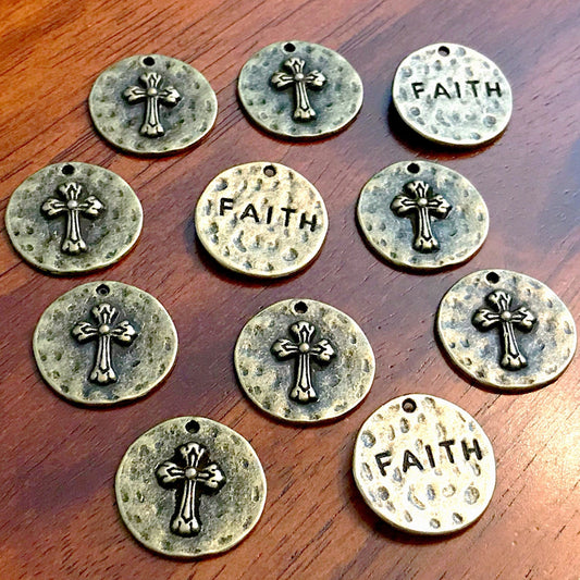 5pcs, Large Faith Charms, Round Faith Charms, Antique Bronze Cross Charms, Round Cross Charms, Hammered Cross Pendants, Disc Cross, Findings