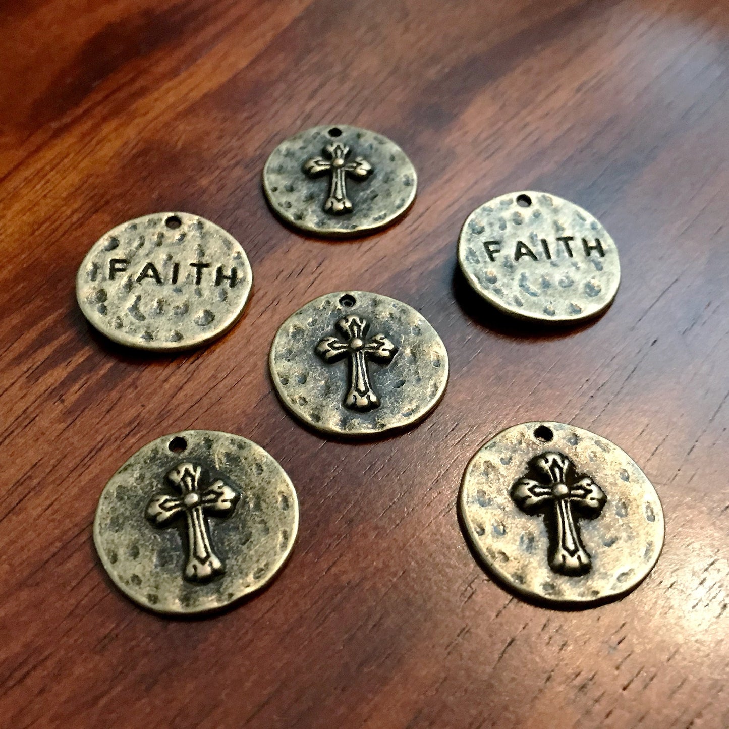 5pcs, Large Faith Charms, Round Faith Charms, Antique Bronze Cross Charms, Round Cross Charms, Hammered Cross Pendants, Disc Cross, Findings