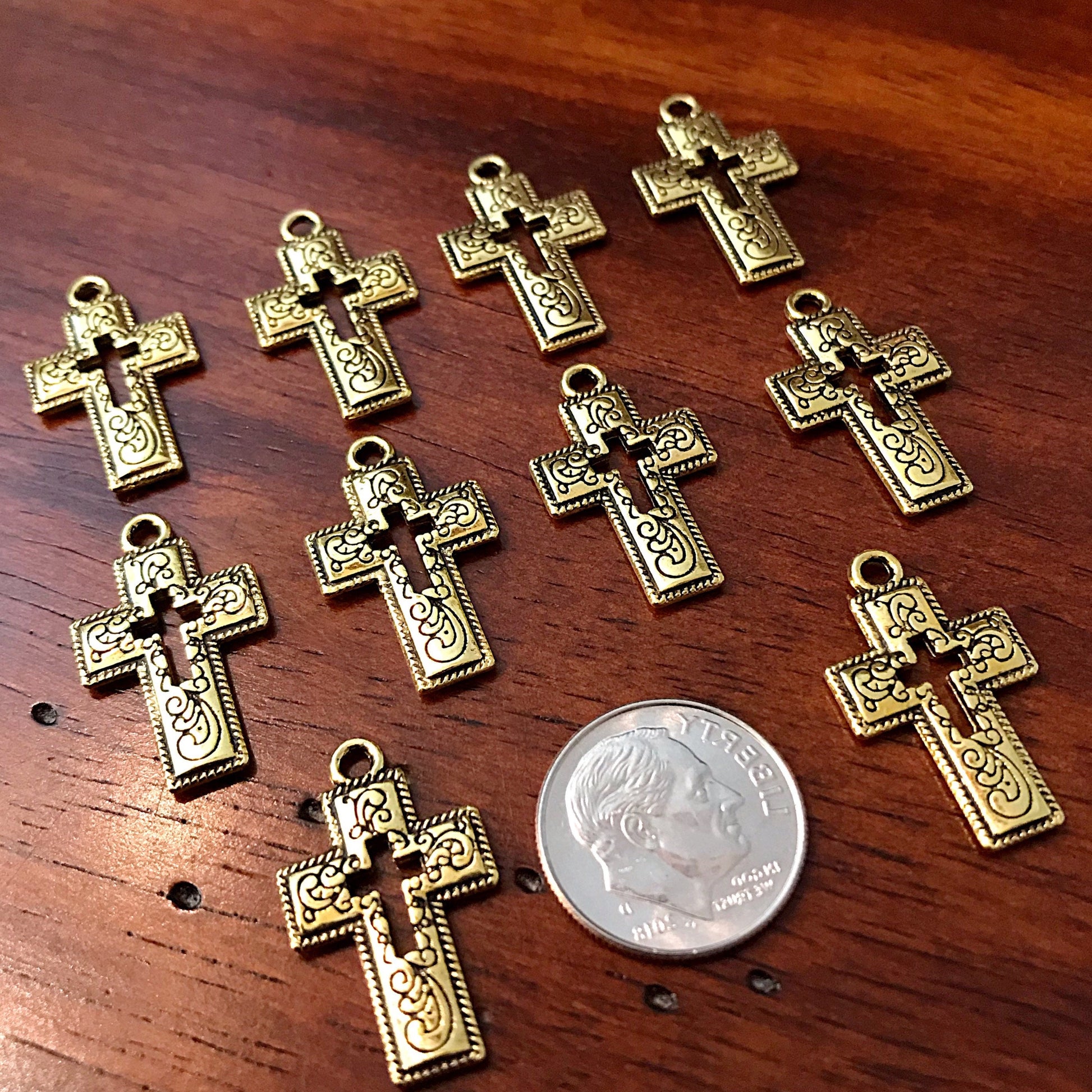 25pcs Cross Charms, Antique Gold Charms, Inside Cross, Hollow Cross, Fancy Cross Charms, Gold Cross Charms, Double Sided Cross, Findings