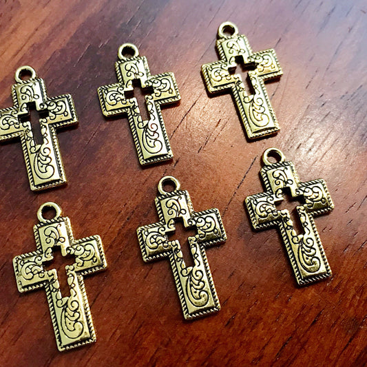 25pcs Cross Charms, Antique Gold Charms, Inside Cross, Hollow Cross, Fancy Cross Charms, Gold Cross Charms, Double Sided Cross, Findings