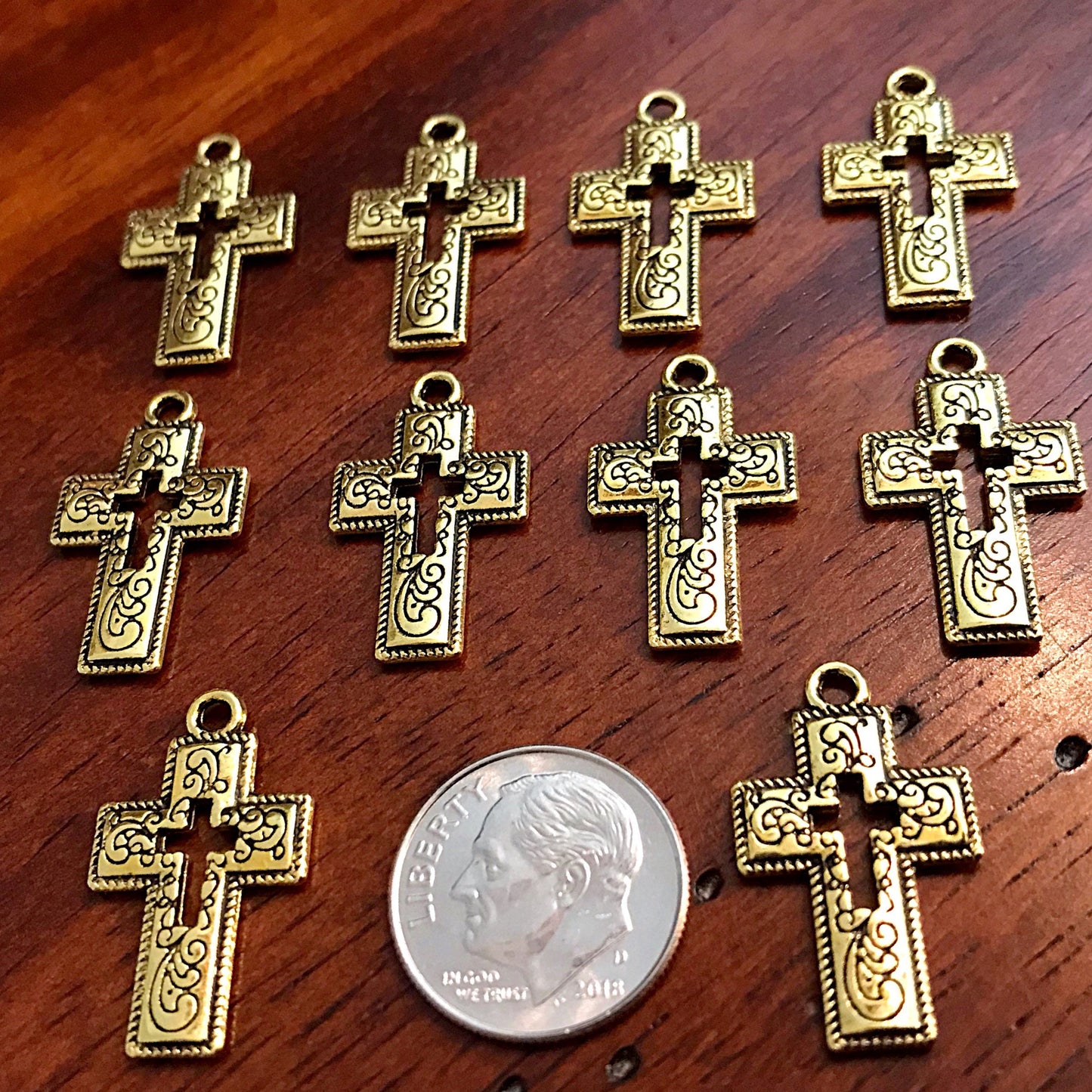 25pcs Cross Charms, Antique Gold Charms, Inside Cross, Hollow Cross, Fancy Cross Charms, Gold Cross Charms, Double Sided Cross, Findings