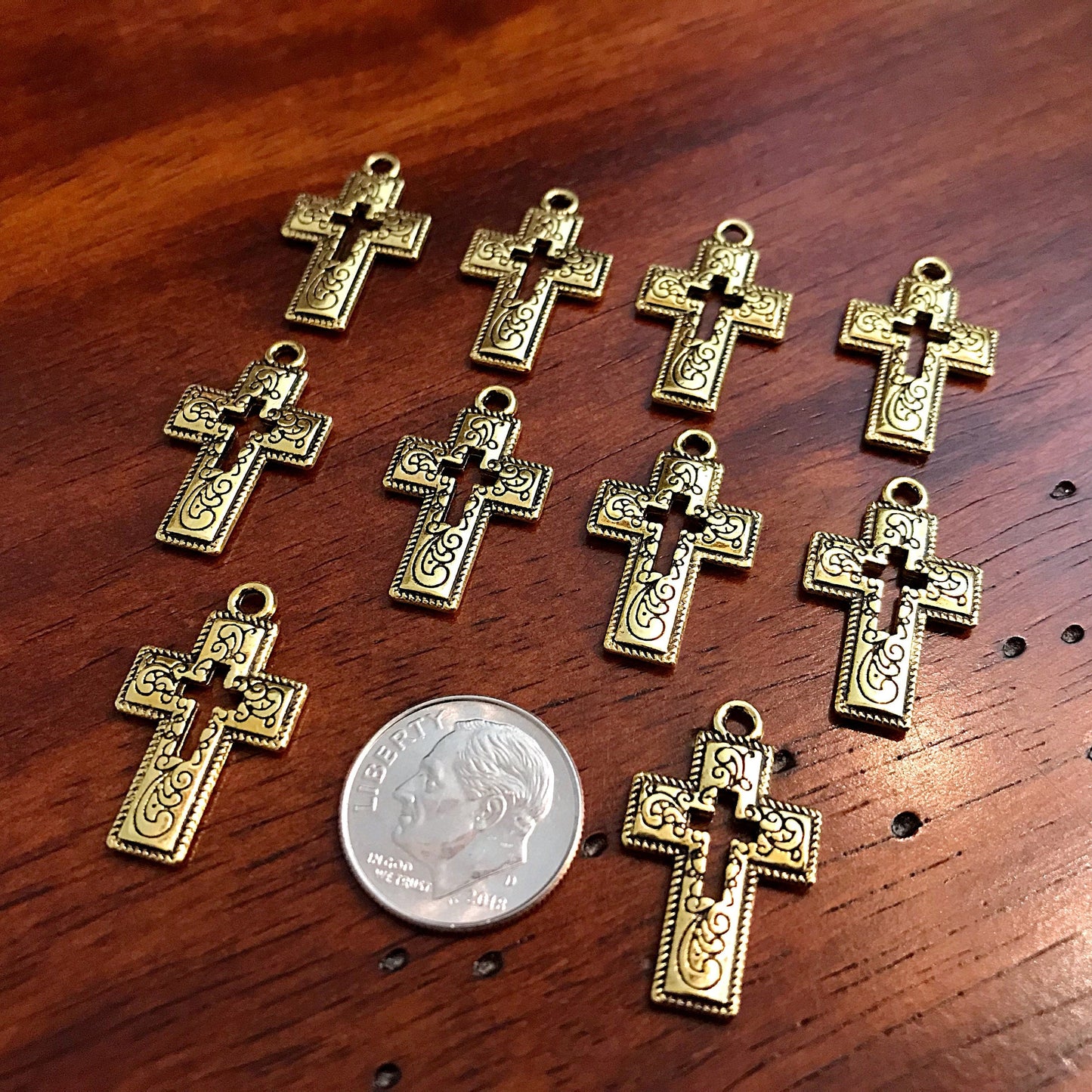 25pcs Cross Charms, Antique Gold Charms, Inside Cross, Hollow Cross, Fancy Cross Charms, Gold Cross Charms, Double Sided Cross, Findings