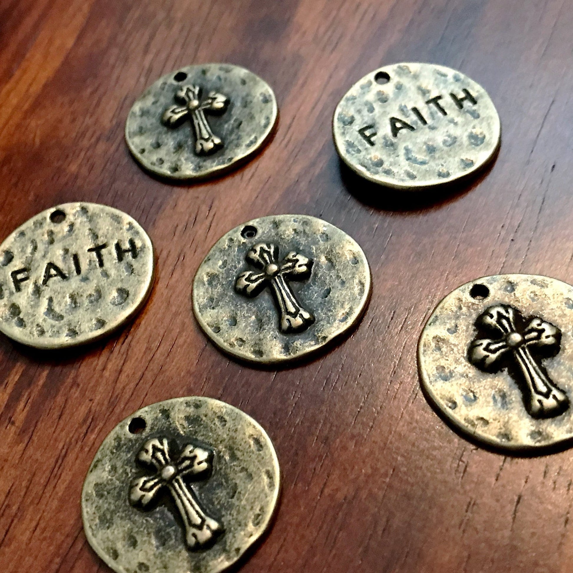 5pcs, Large Faith Charms, Round Faith Charms, Antique Bronze Cross Charms, Round Cross Charms, Hammered Cross Pendants, Disc Cross, Findings